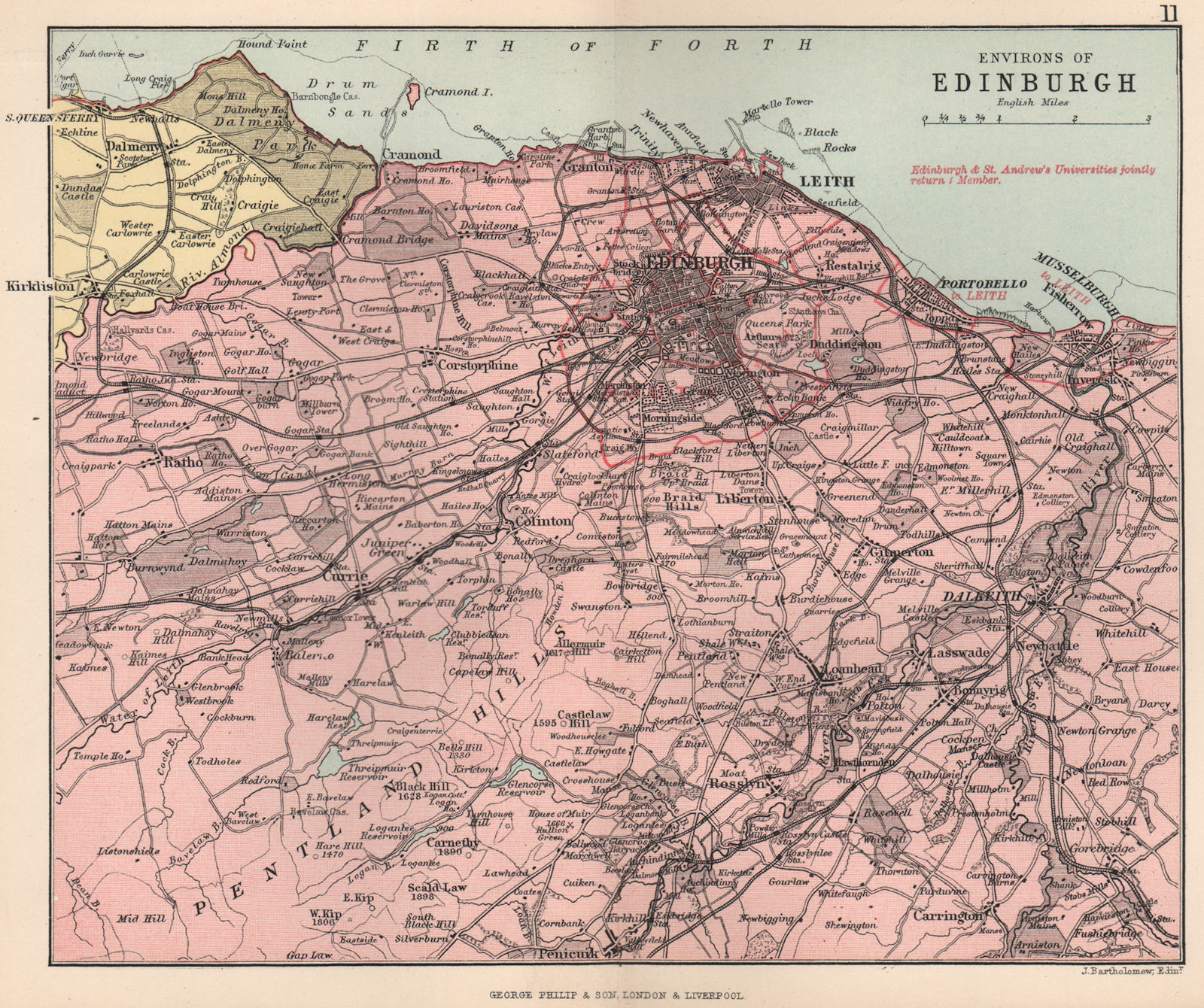 'Environs of Edinburgh'. Parishes. BARTHOLOMEW 1891 old antique map plan chart