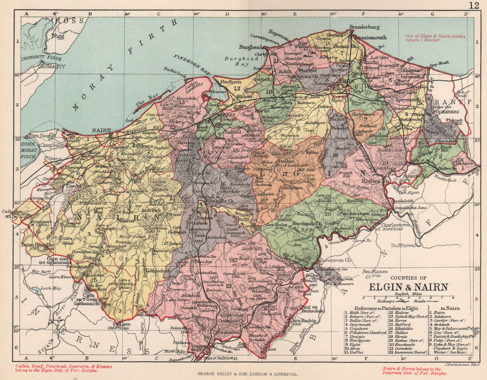 'Counties of Elgin & Nairn'. Elginshire & Nairnshire. BARTHOLOMEW 1891 old map