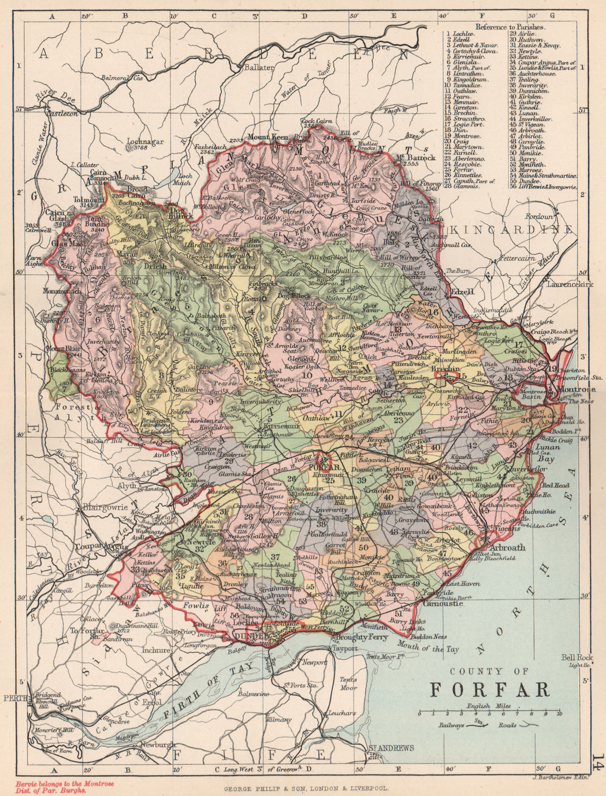 'County of Forfar'. Forfarshire. Parishes. BARTHOLOMEW 1891 old antique map