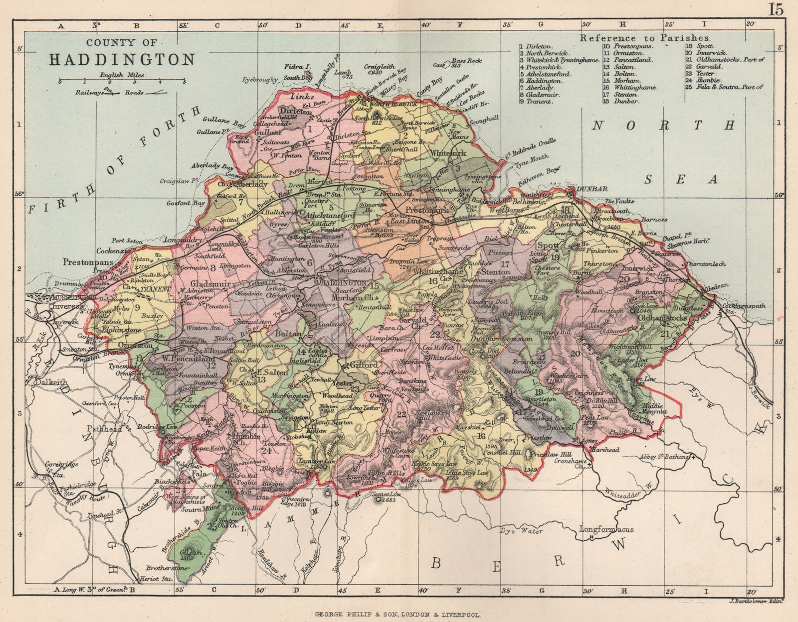 'County of Haddington'. Haddingtonshire. Parishes. BARTHOLOMEW 1891 old map