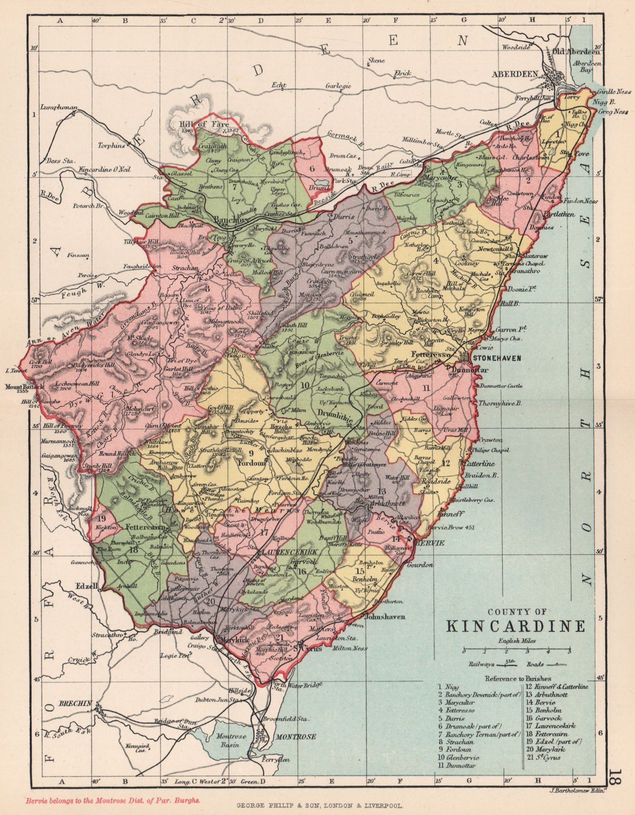 'County of Kincardine'. Kincardineshire. Parishes. BARTHOLOMEW 1891 old map