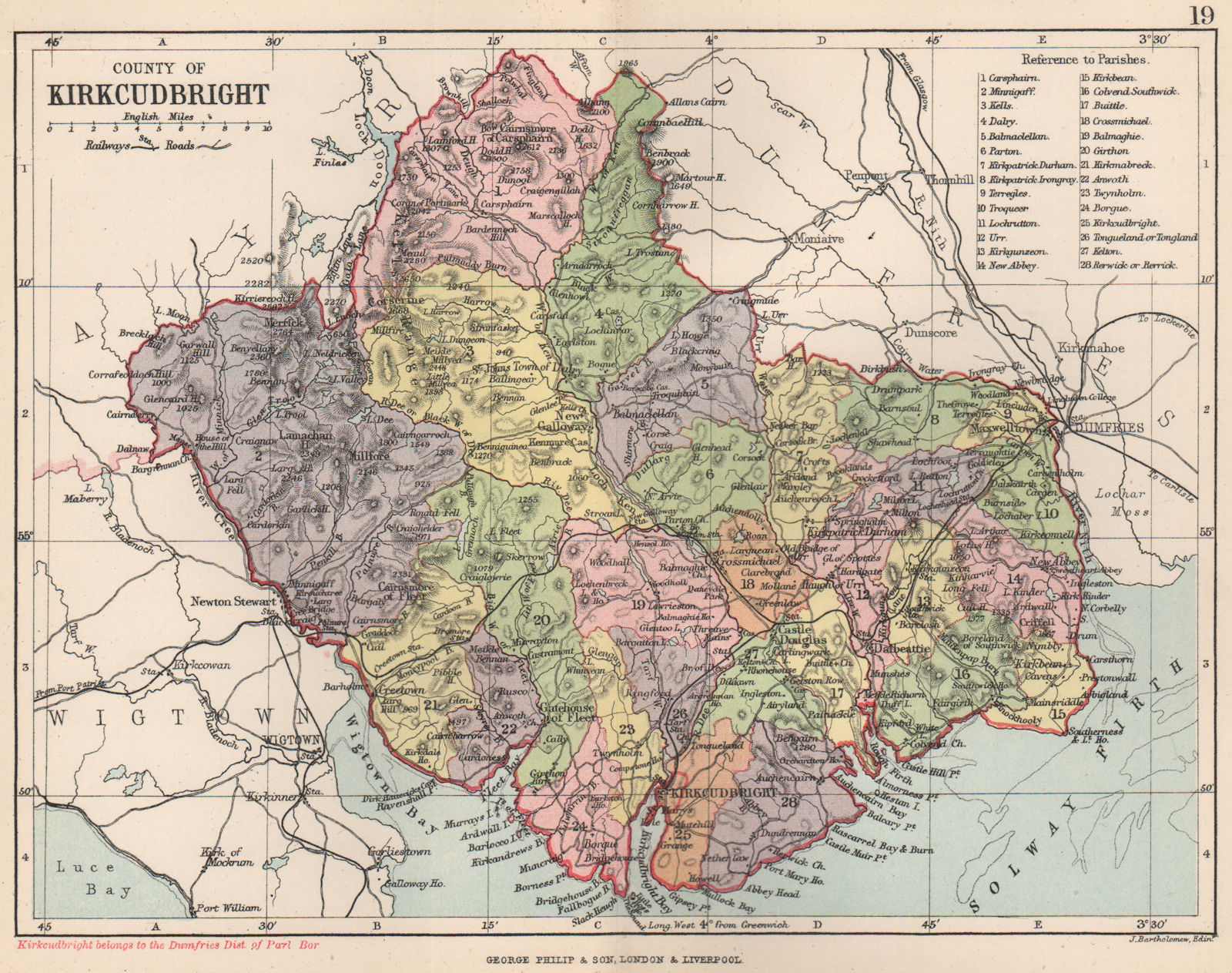 'County of Kirkcudbright'. Kirkcudbrightshire. Parishes. BARTHOLOMEW 1891 map