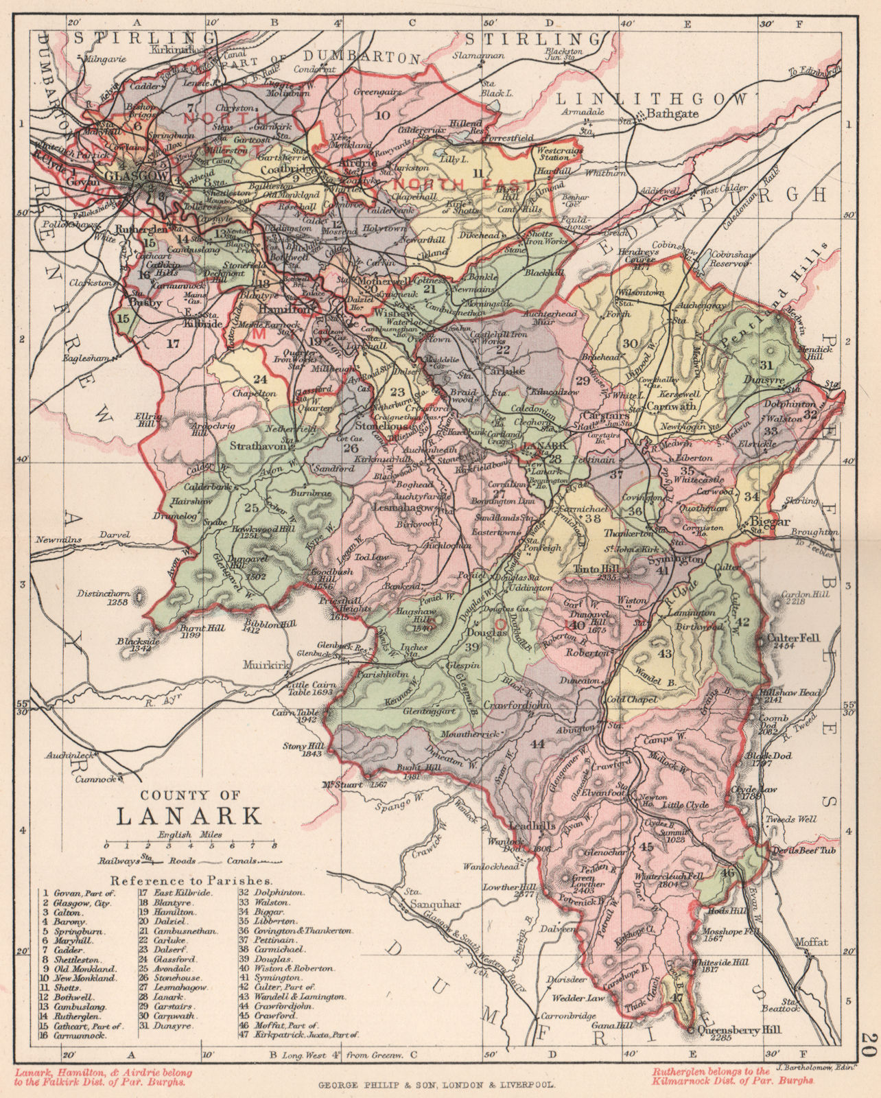 'County of Lanark'. Lanarkshire. Parishes. BARTHOLOMEW 1891 old antique map