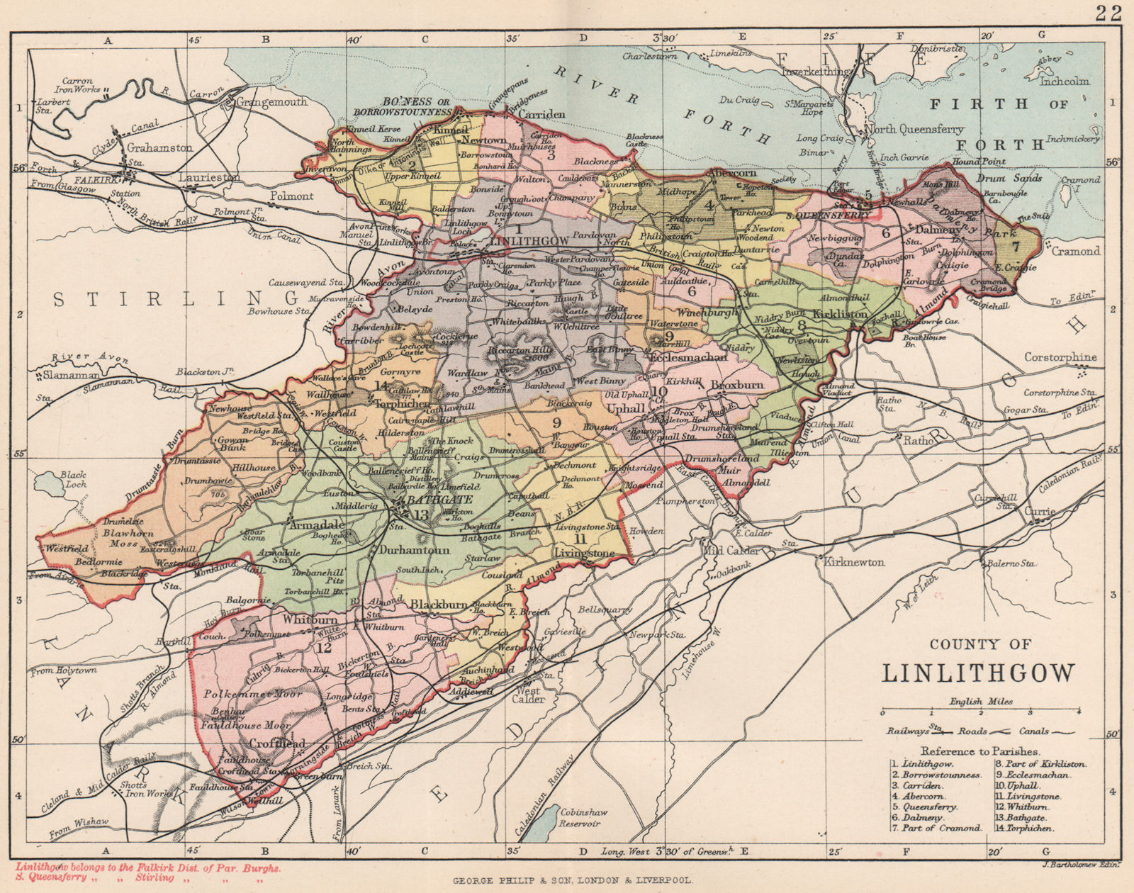 'County of Linlithgow'. Linlithgowshire. Parishes. BARTHOLOMEW 1891 old map