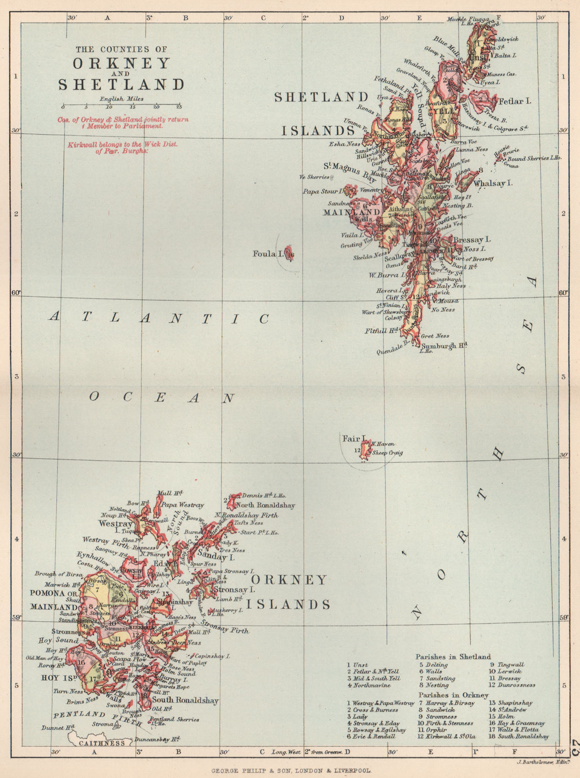'The Counties of Orkney and Shetland'. Parishes. BARTHOLOMEW 1891 old map