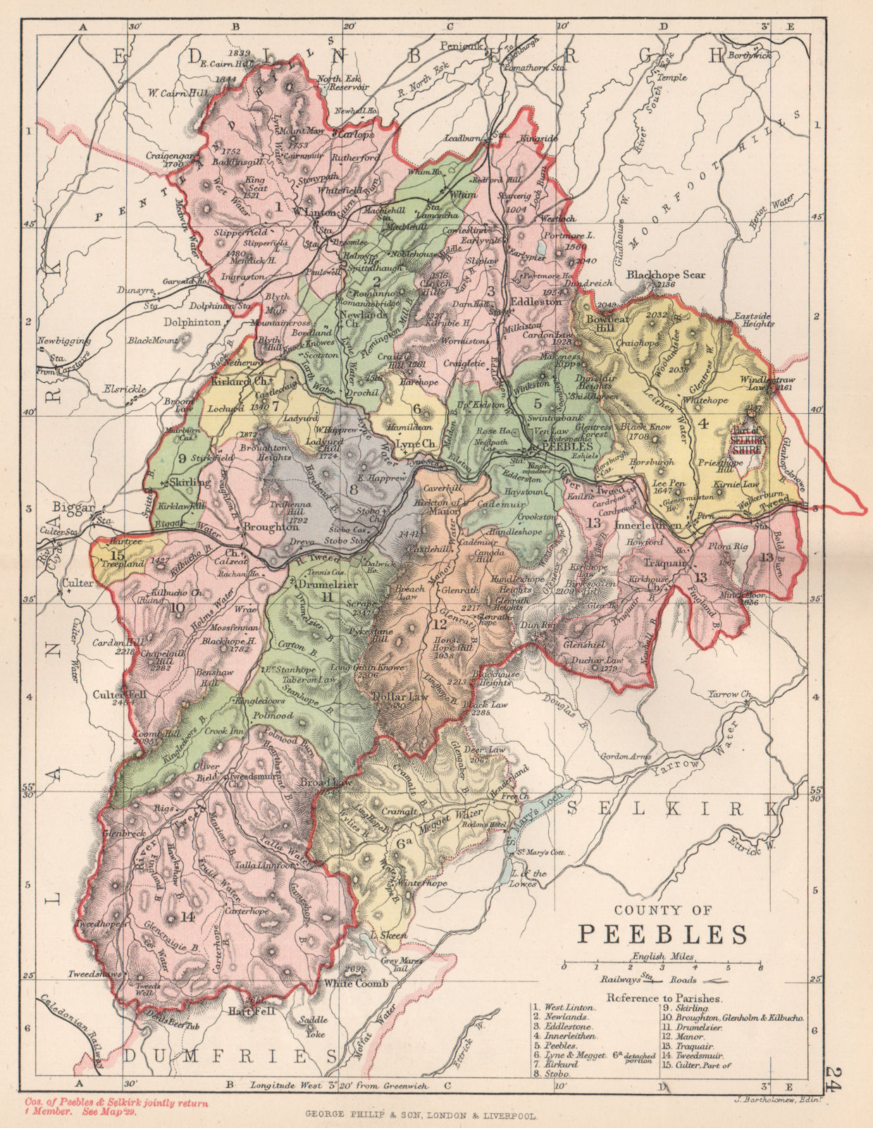 'County of Peebles'. Peeblesshire. Parishes. BARTHOLOMEW 1891 old antique map