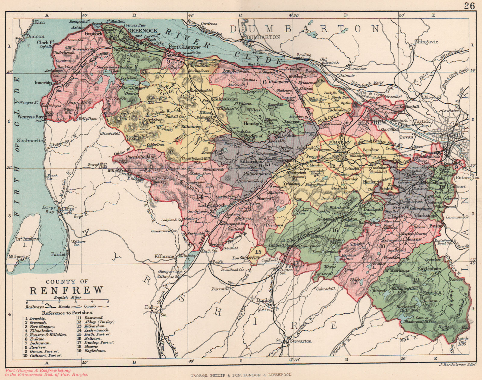 'County of Renfrew'. Renfrewshire. Parishes. BARTHOLOMEW 1891 old antique map