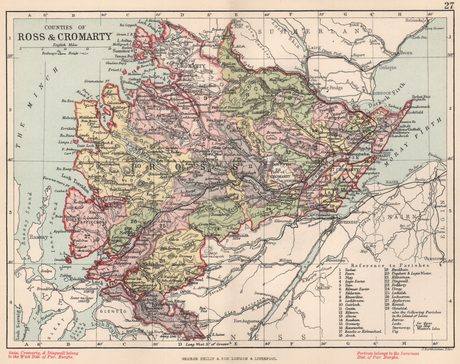 'Counties of Ross & Cromarty'. Ross-shire & Cromartyshire. BARTHOLOMEW 1891 map