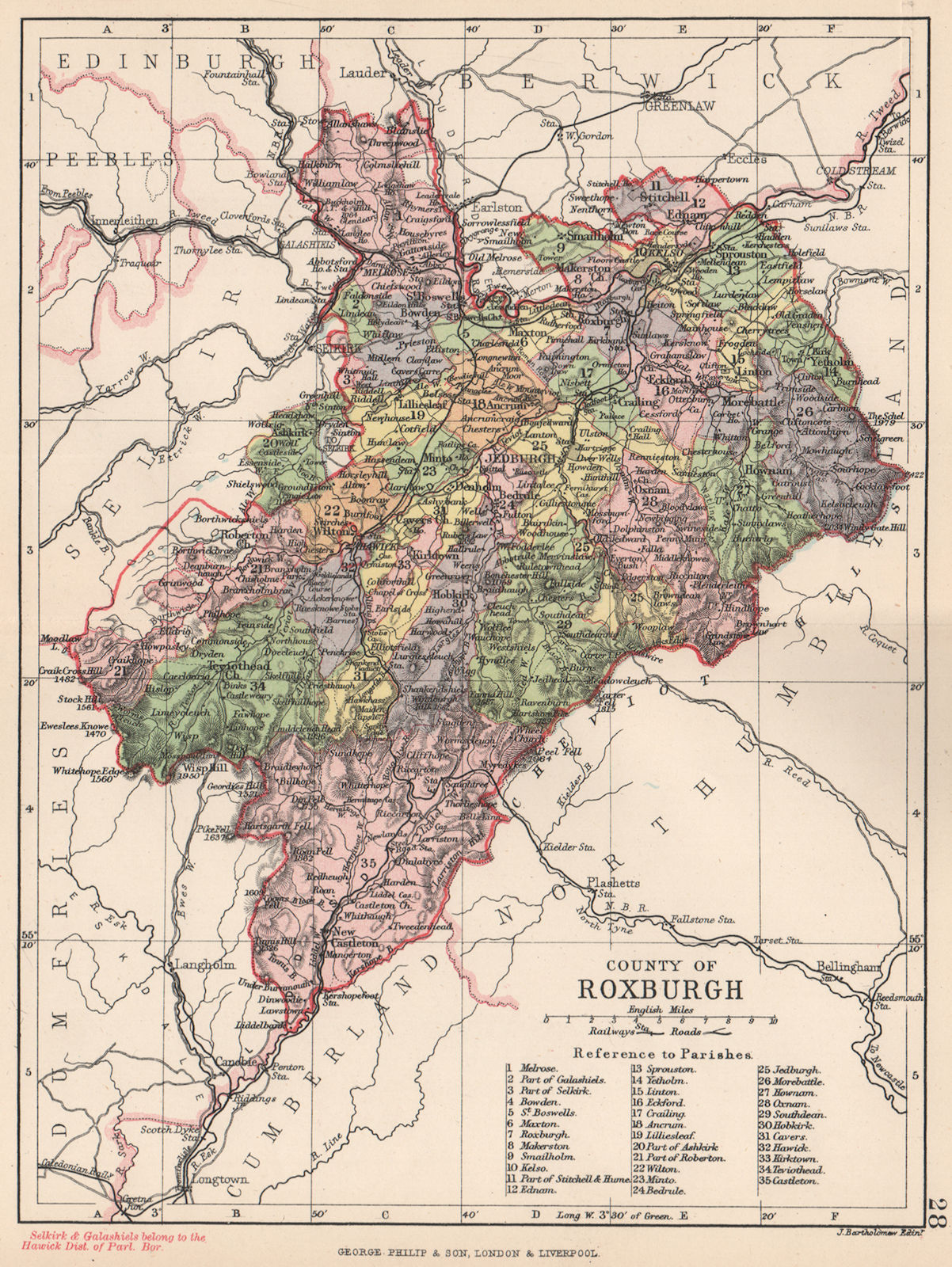 'County of Roxburgh'. Roxburghshire. Parishes. BARTHOLOMEW 1891 old map