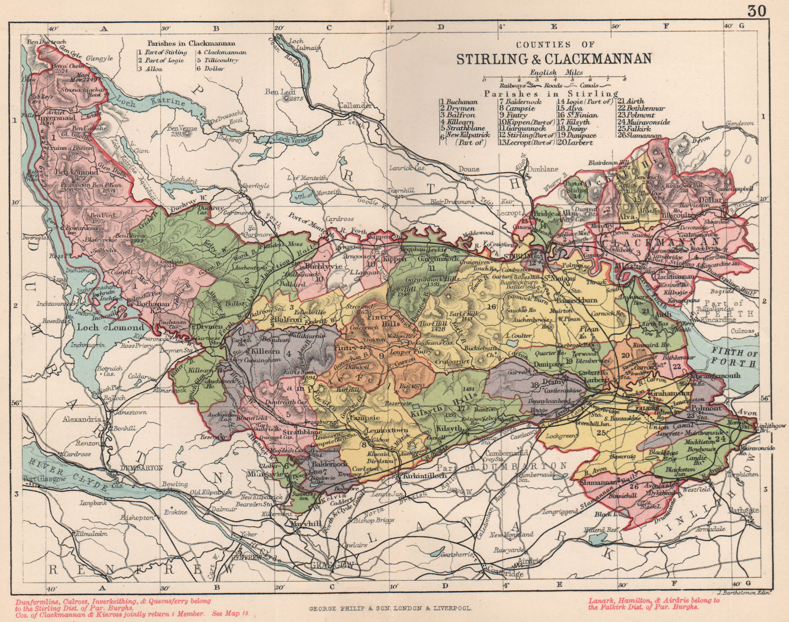 Associate Product Stirlingshire & Clackmannanshire counties. BARTHOLOMEW 1891 old antique map