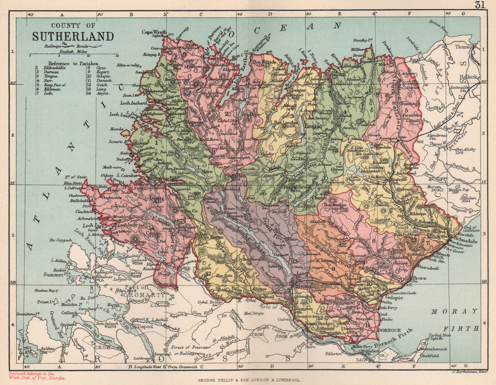 'County of Sutherland'. Sutherlandshire. Parishes. BARTHOLOMEW 1891 old map