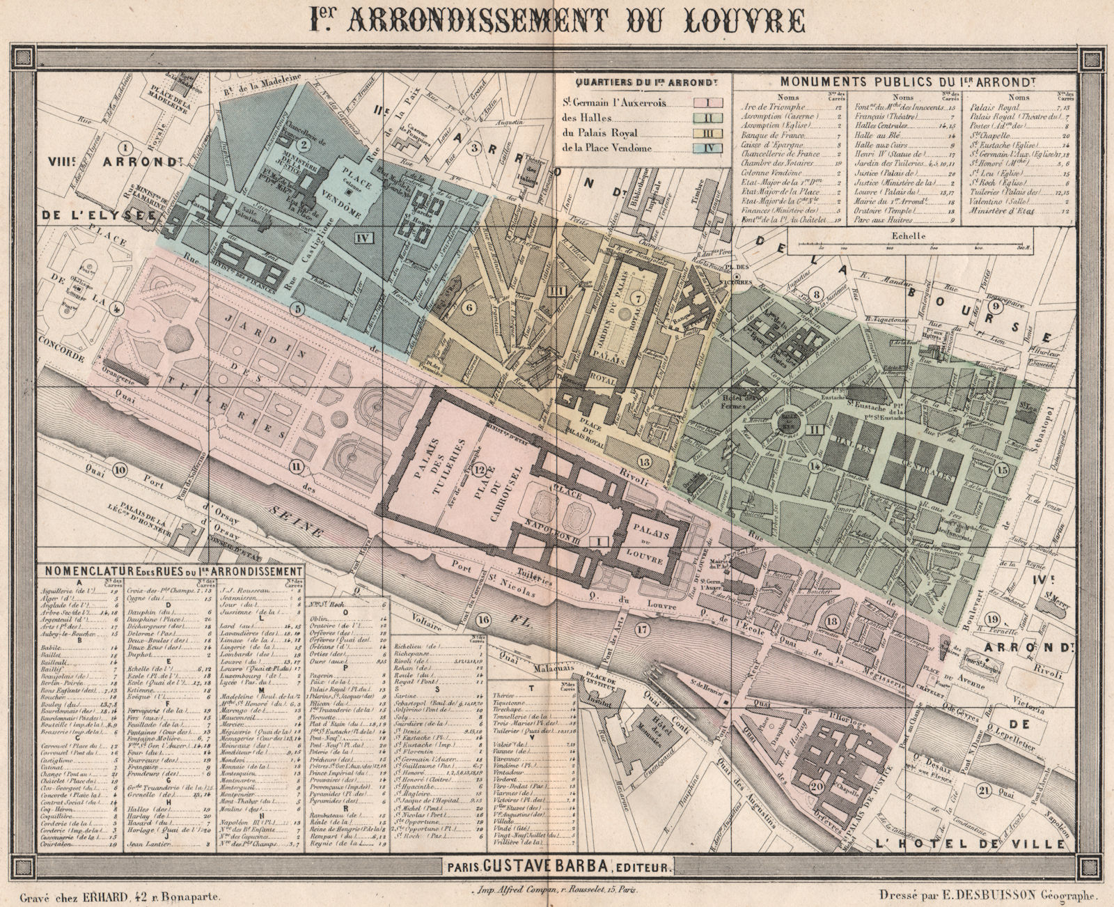 PARIS 1er 1st Ier arrondissement du Louvre. BARBA 1860 old antique map chart