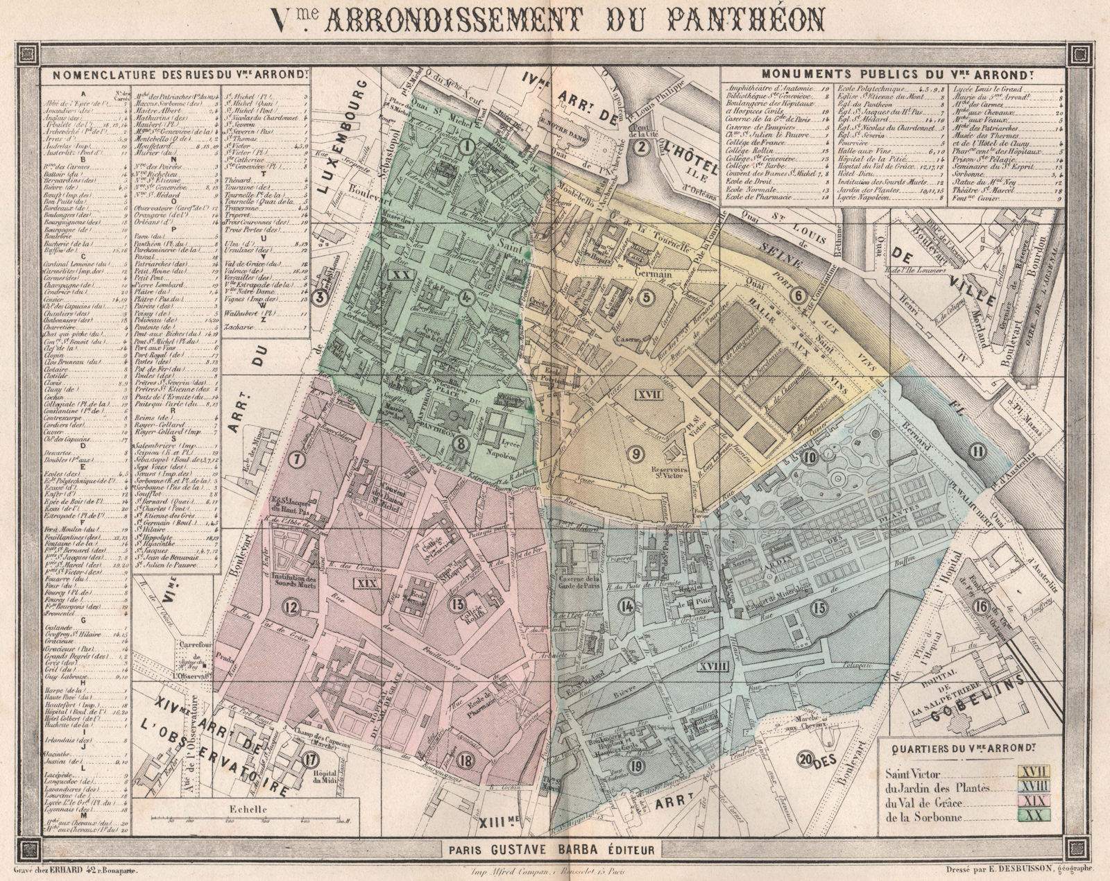 PARIS 5e 5th Vme arrondissement du Panthéon. BARBA 1860 old antique map chart
