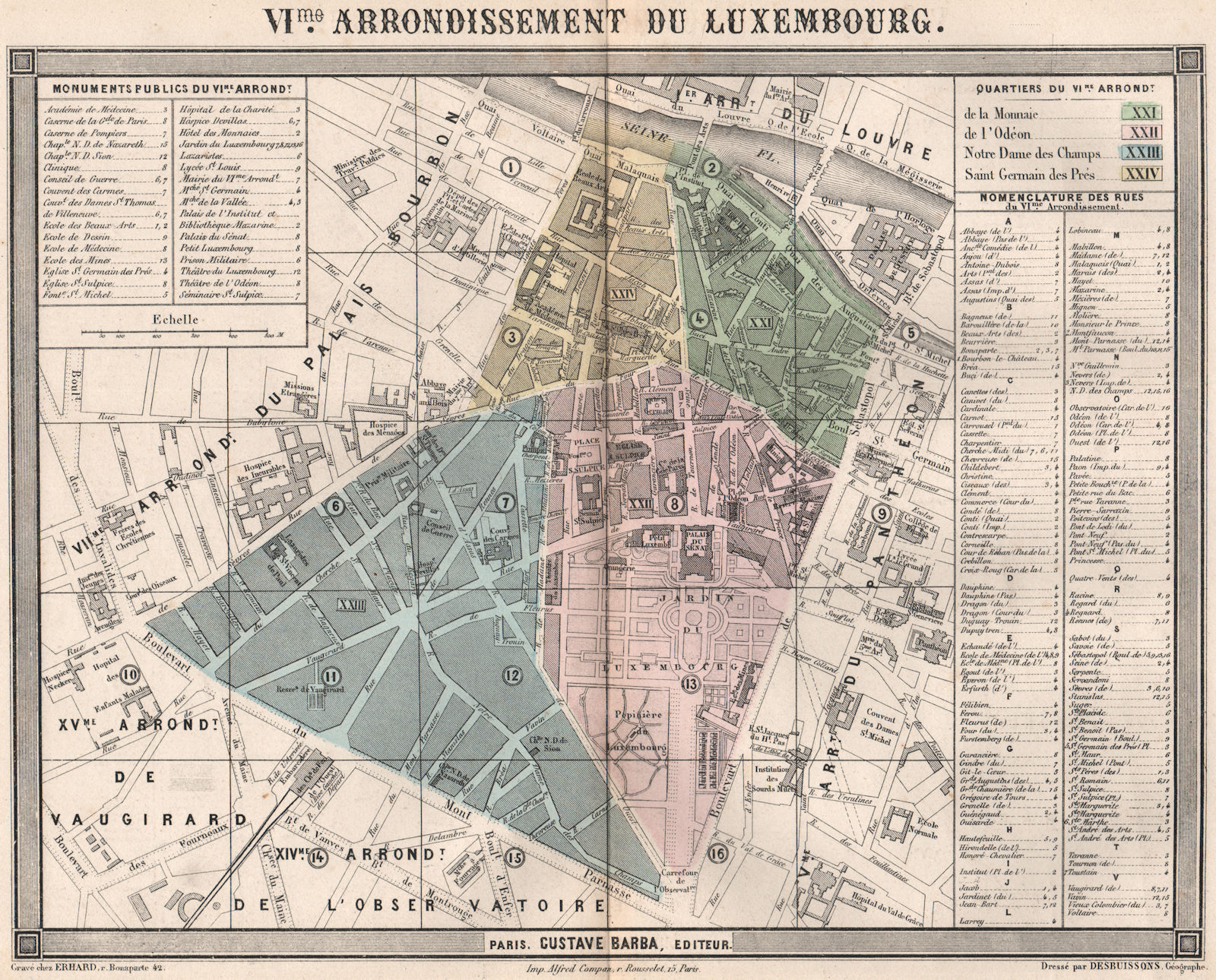 PARIS 6e 6th Vime arrondissement du Luxembourg. BARBA 1860 old antique map