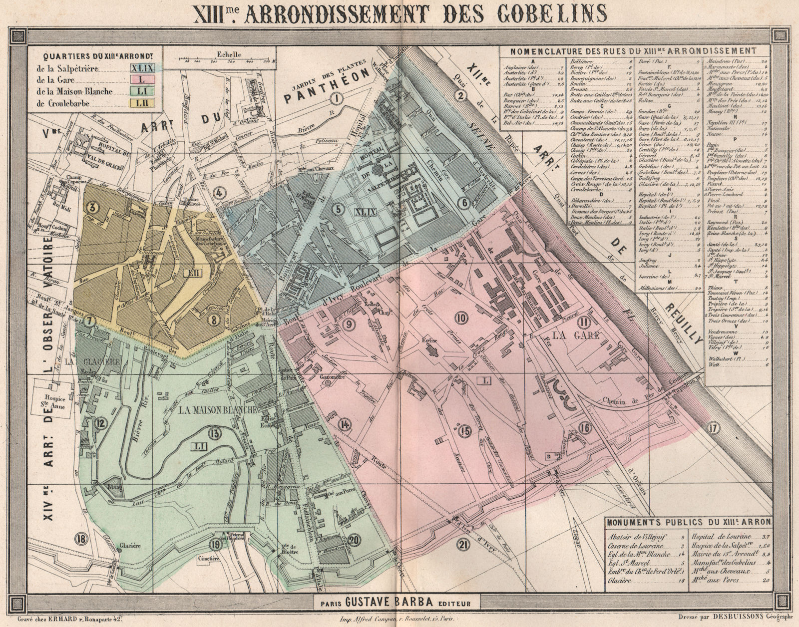 PARIS 13e 13th XIIIme arrondissement des Gobelins. BARBA 1860 old antique map