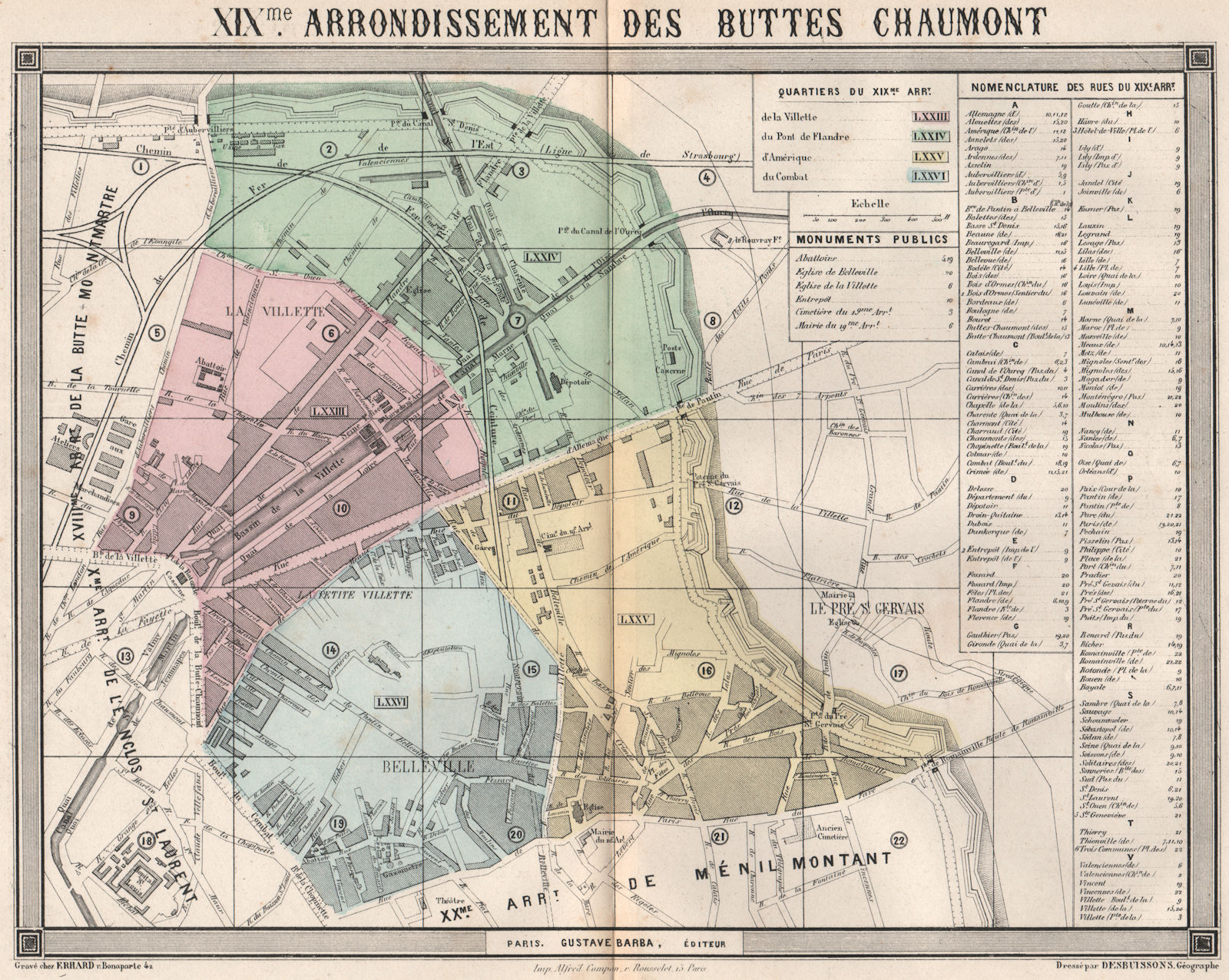 PARIS 19e 19th XIXme arrondissement des Buttes-Chaumont. BARBA 1860 old map