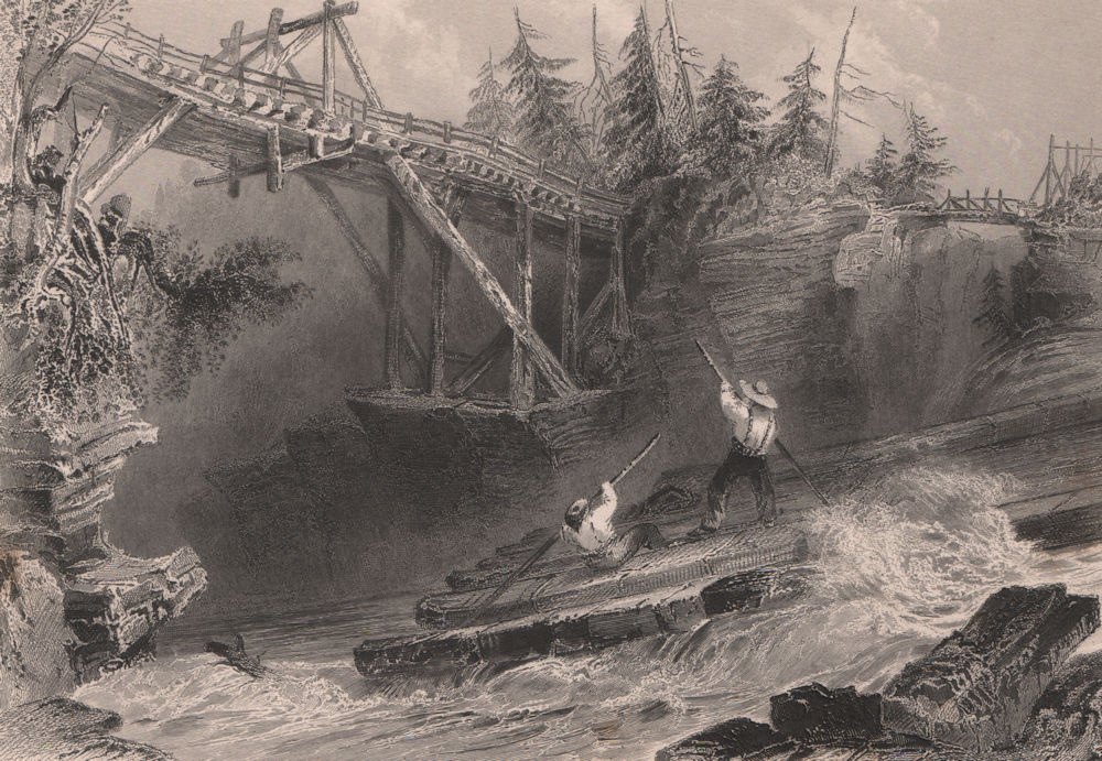 Associate Product CANADA. Timber slide and bridge on the Ottawa River. Logging. BARTLETT 1842