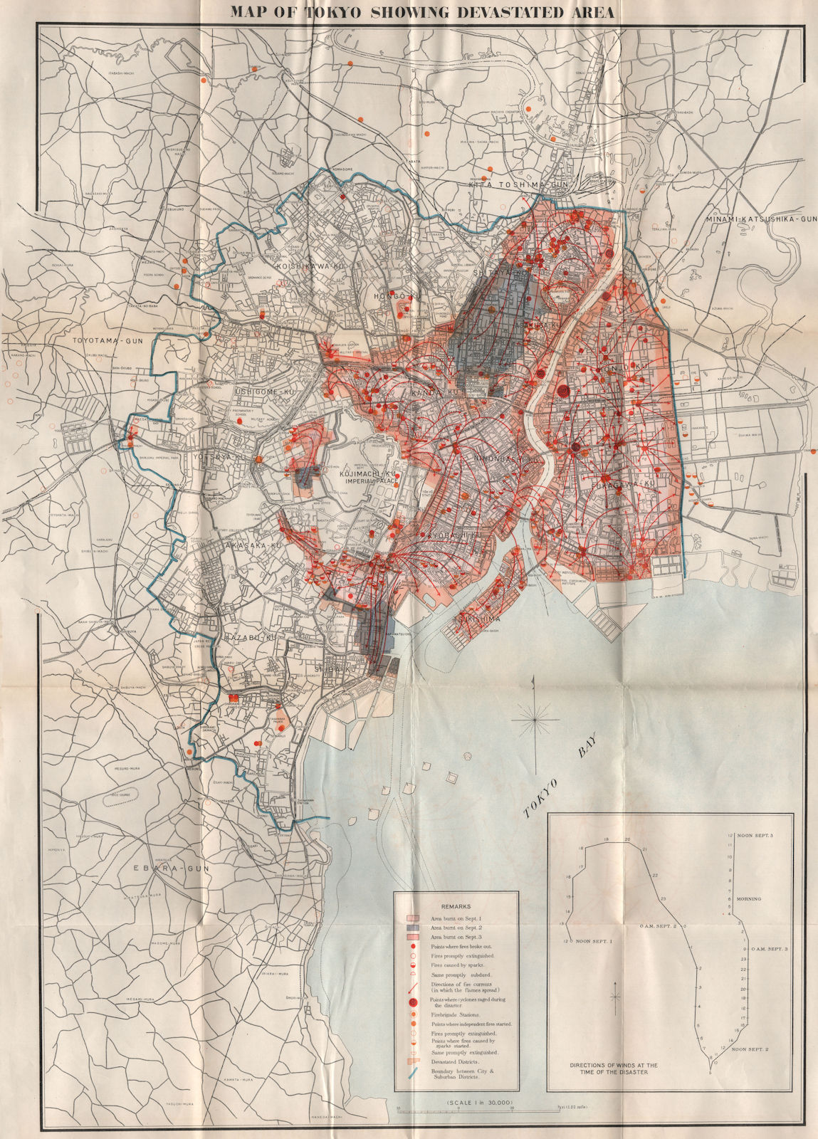 Associate Product GREAT KANTO EARTHQUAKE 1923. Tokyo showing devastated area/fires. Japan 1926 map