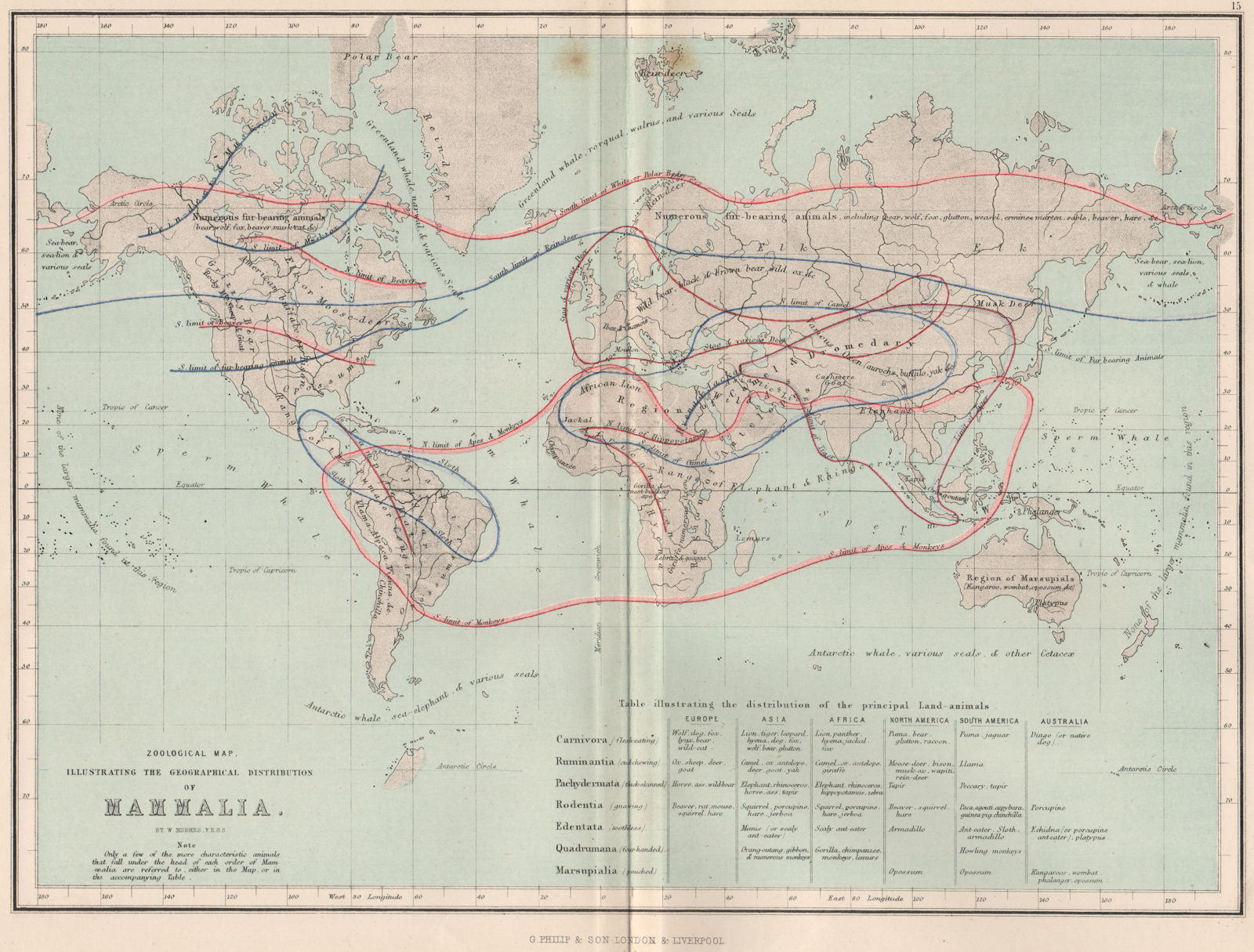 WORLD. Zoological map; Mammalia mammal distribution 1886 old antique chart