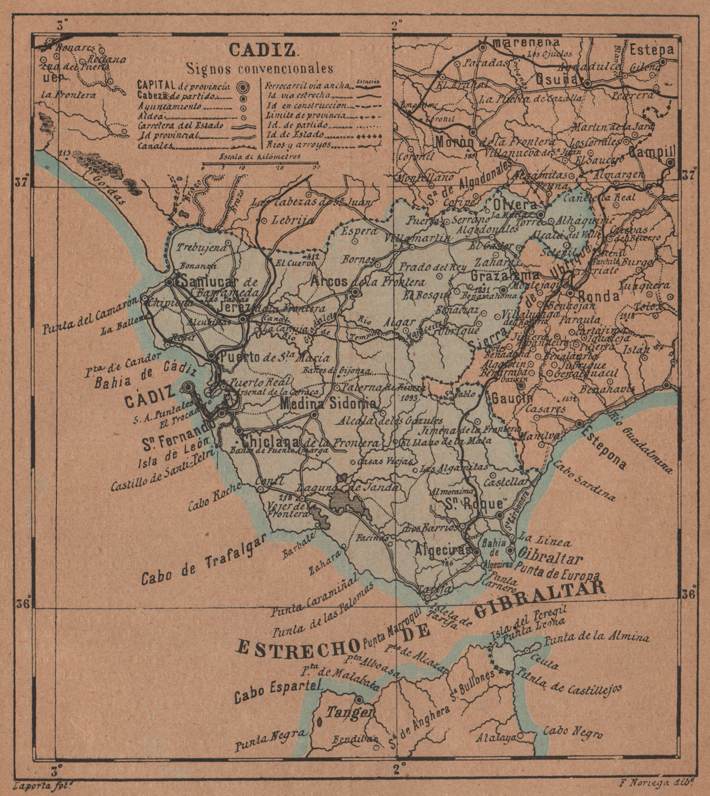 CÁDIZ. Cadiz. Andalucia. Mapa antiguo de la provincia 1905 old antique