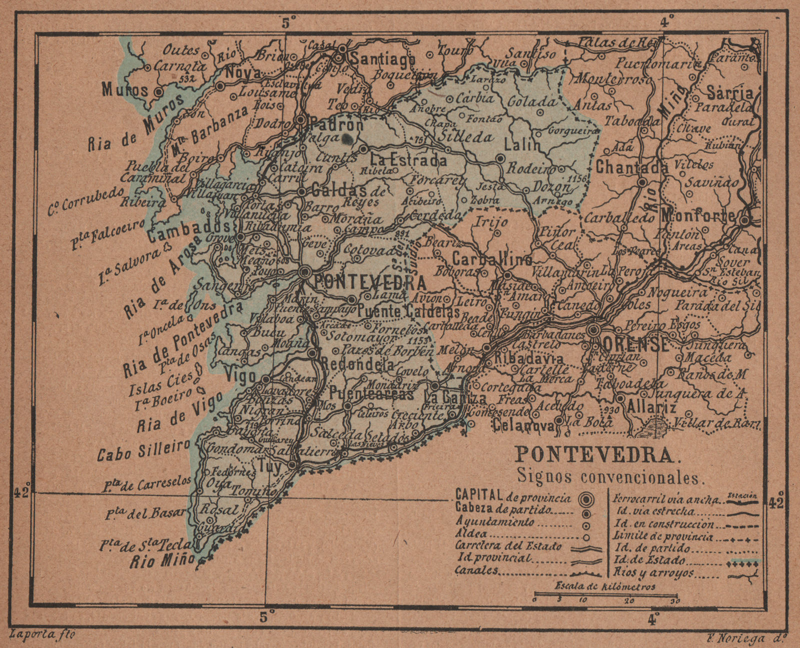 Associate Product PONTEVEDRA. Galicia. Mapa antiguo de la provincia 1905 old antique chart