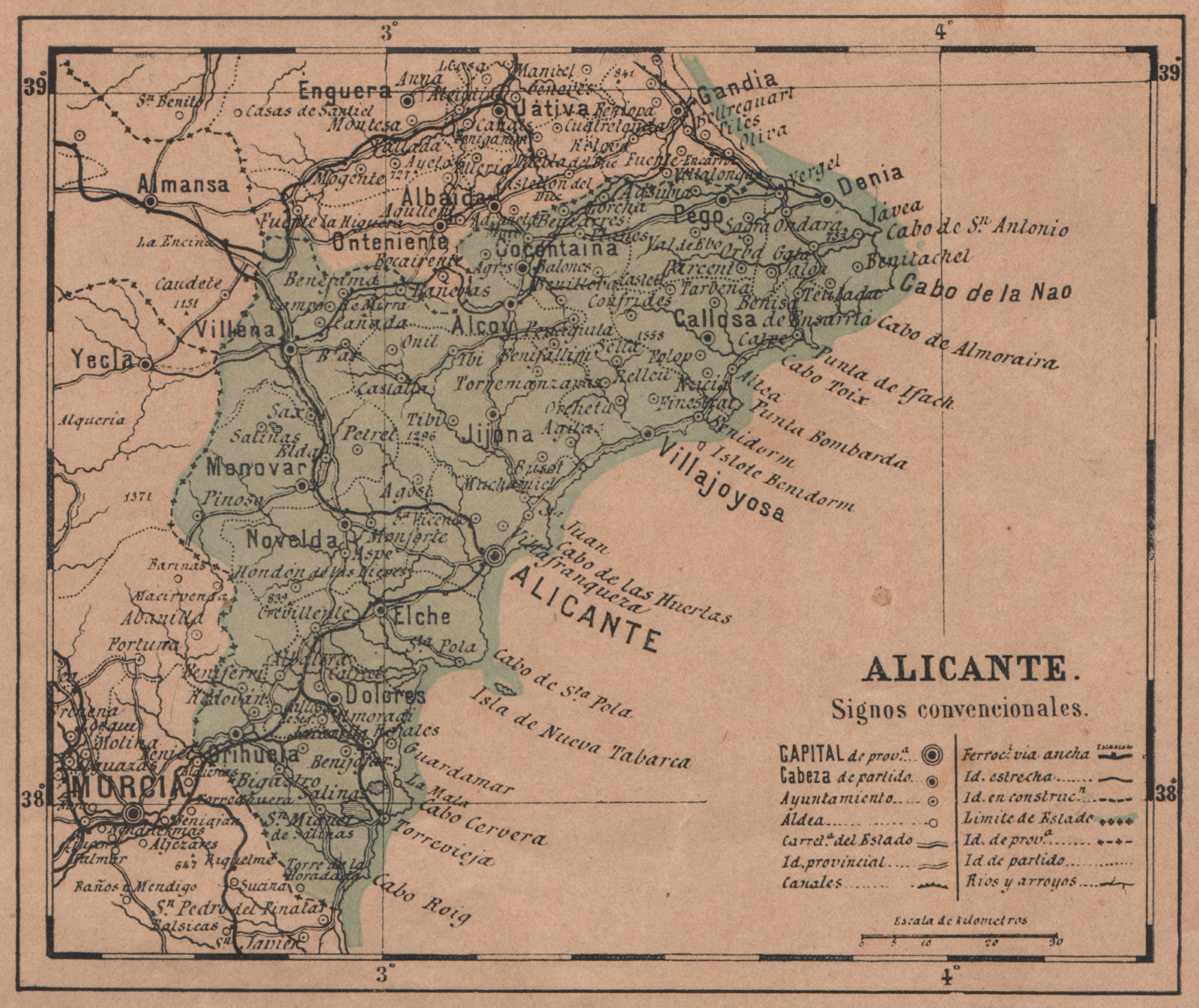 ALICANTE. Alacant. Comunitat/Comunidad Valenciana. Mapa antiguo provincia 1908