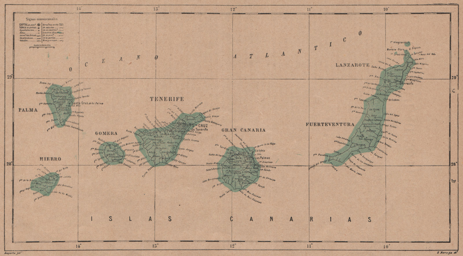 ISLAS CANARIAS. Tenerife Palma Gran Canaria Fuerteventura Lanzarote 1908 map
