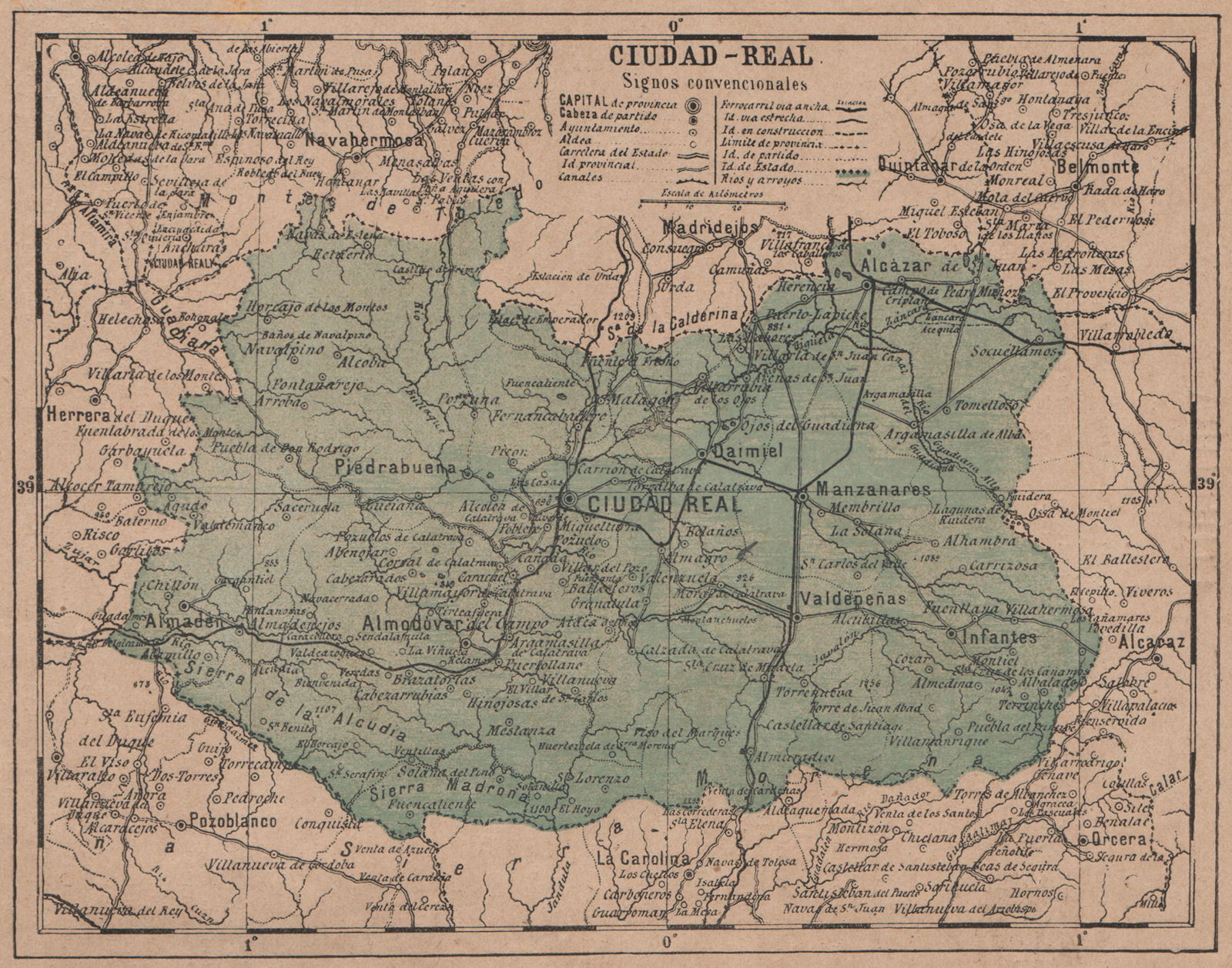CIUDAD REAL. Castilla-La Mancha. Mapa antiguo de la provincia 1908 old