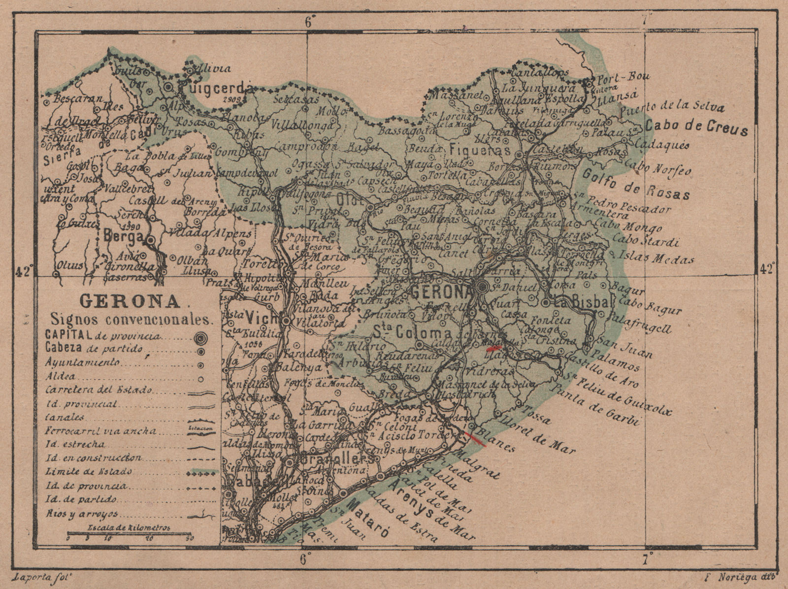 GERONA. Girona. Cataluña Catalunya Catalonia. Mapa antiguo de la provincia 1908