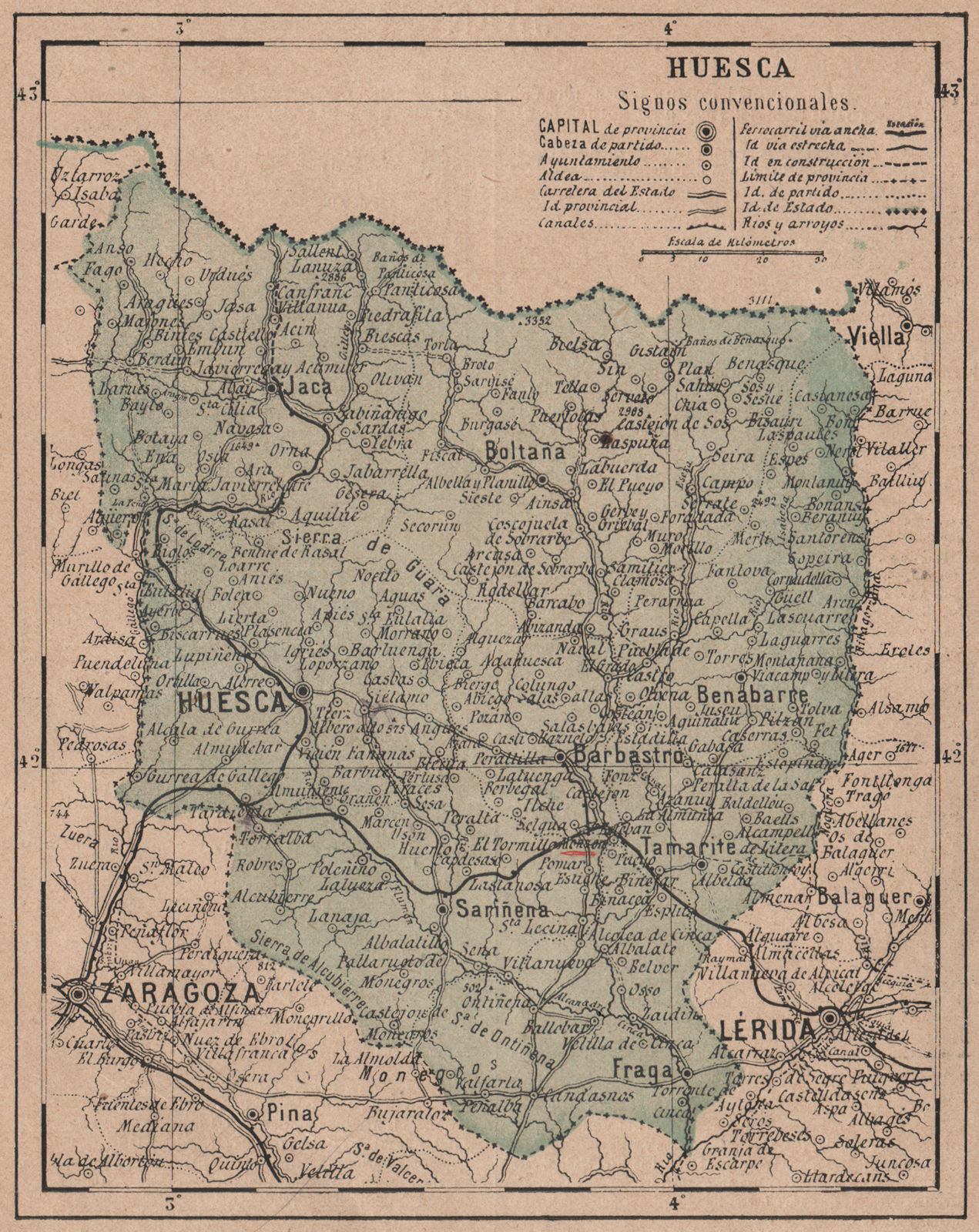 HUESCA. Aragon. Mapa antiguo de la provincia 1908 old antique plan chart