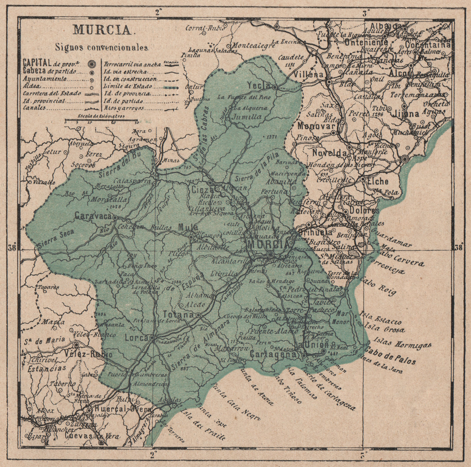MURCIA. Region of Murcia. Mapa antiguo de la provincia 1908 old antique