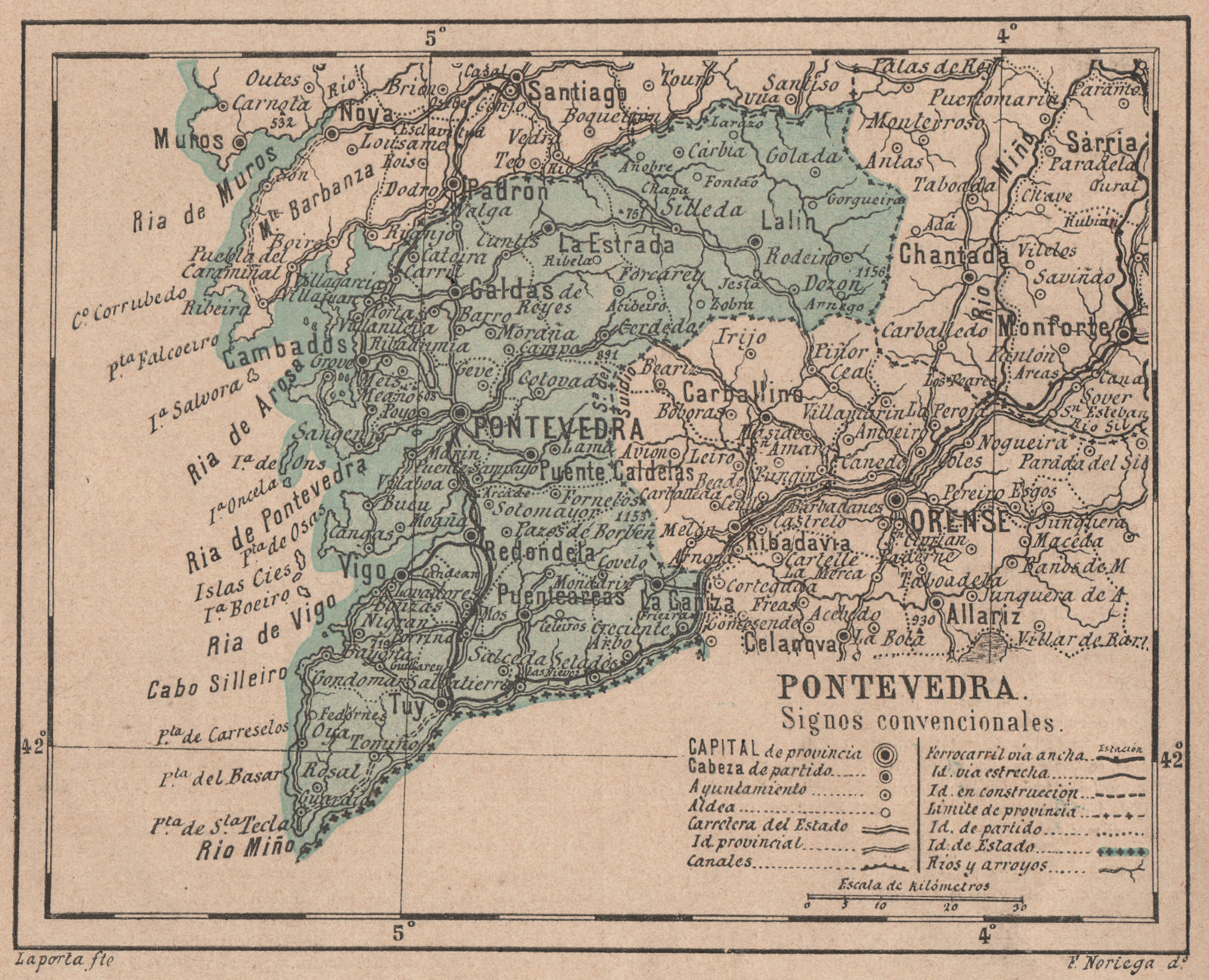PONTEVEDRA. Galicia. Mapa antiguo de la provincia 1908 old antique chart