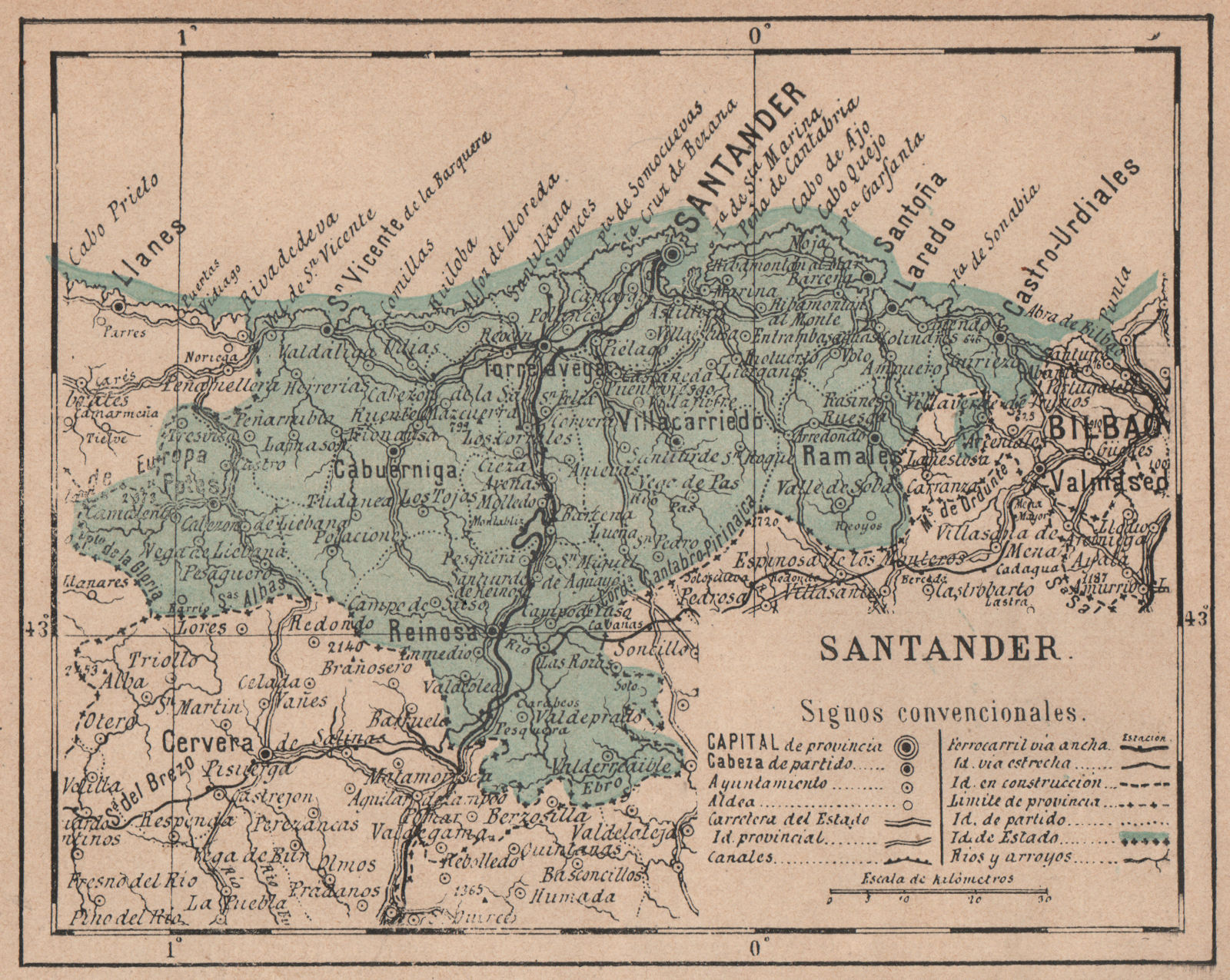 CANTABRIA. Santander. Mapa antiguo de la provincia 1908 old antique chart