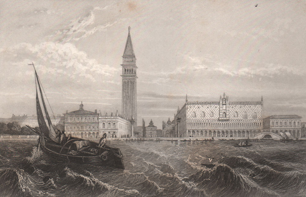 VENICE from the sea. Piazza San Marco & campanile. Palazzo Ducale 1855 print