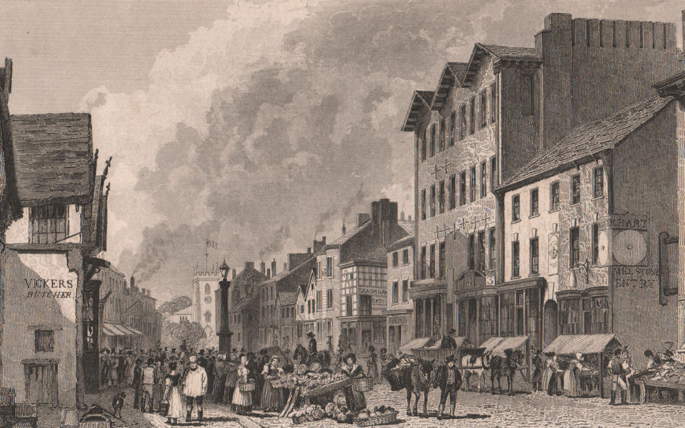 The old market place, Deansgate, Bolton. Lancashire. HARWOOD 1829 print