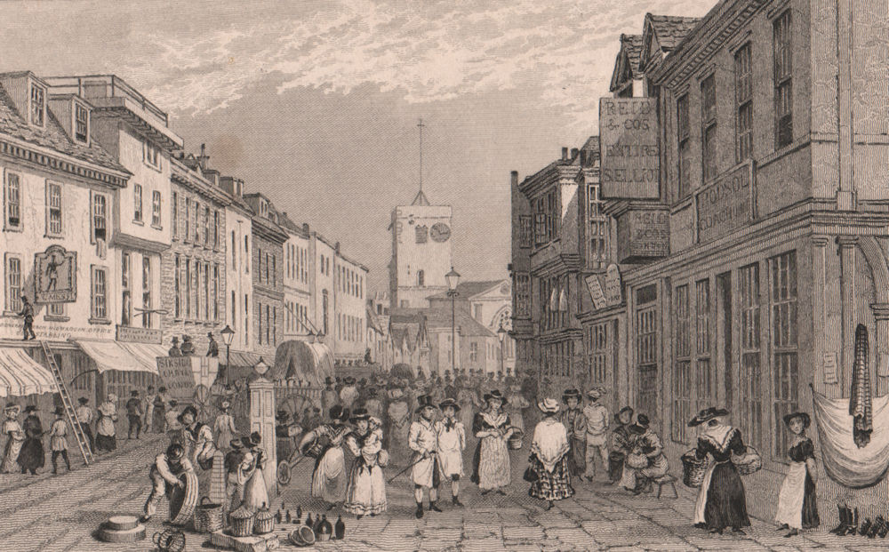Associate Product Dartford High Street & Holy Trinity Church, Kent, on market day. SHEPHERD 1829