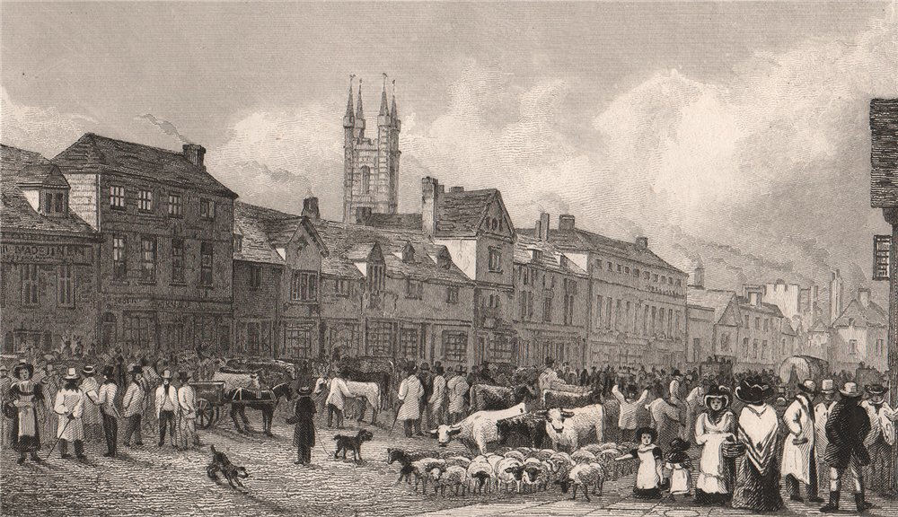Ashford, Kent. Market day. St Mary's Church. SHEPHERD 1829 old antique print