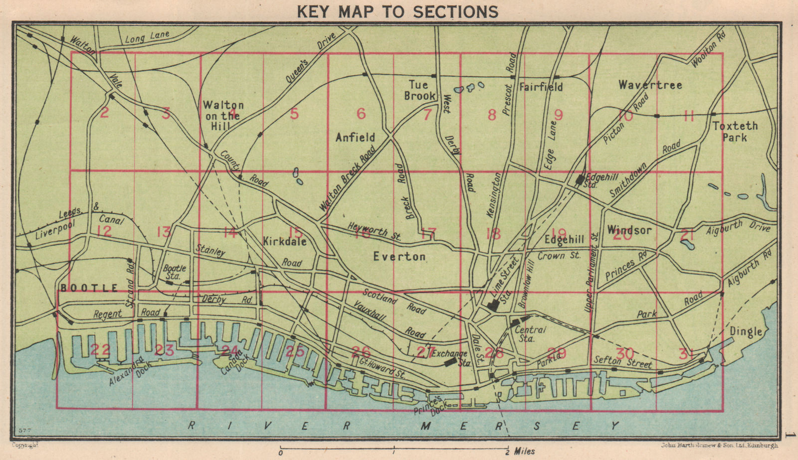 Associate Product LIVERPOOL. Key map to sections 1949 old vintage plan chart