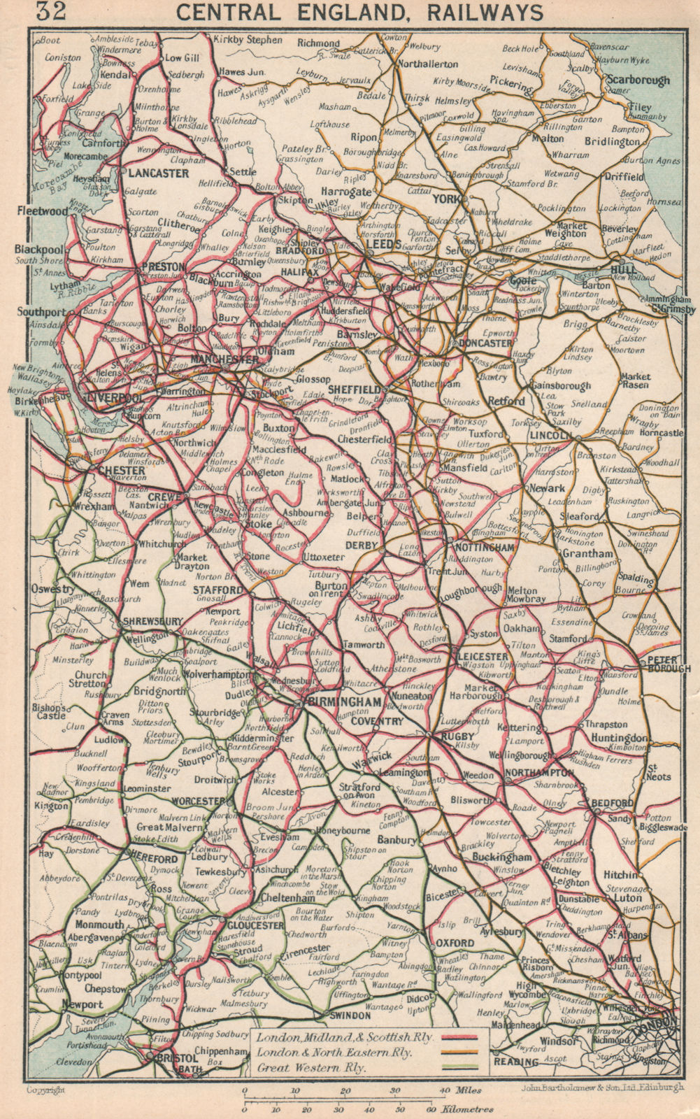 Central England Railways. LNER GWR LMS 1927 old vintage map plan chart