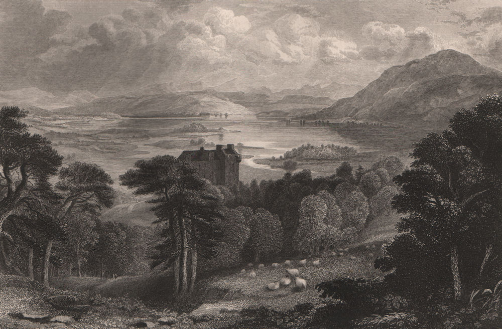 Loch Ken and Castle, Dumfries and Galloway. Scotland 1845 old antique print