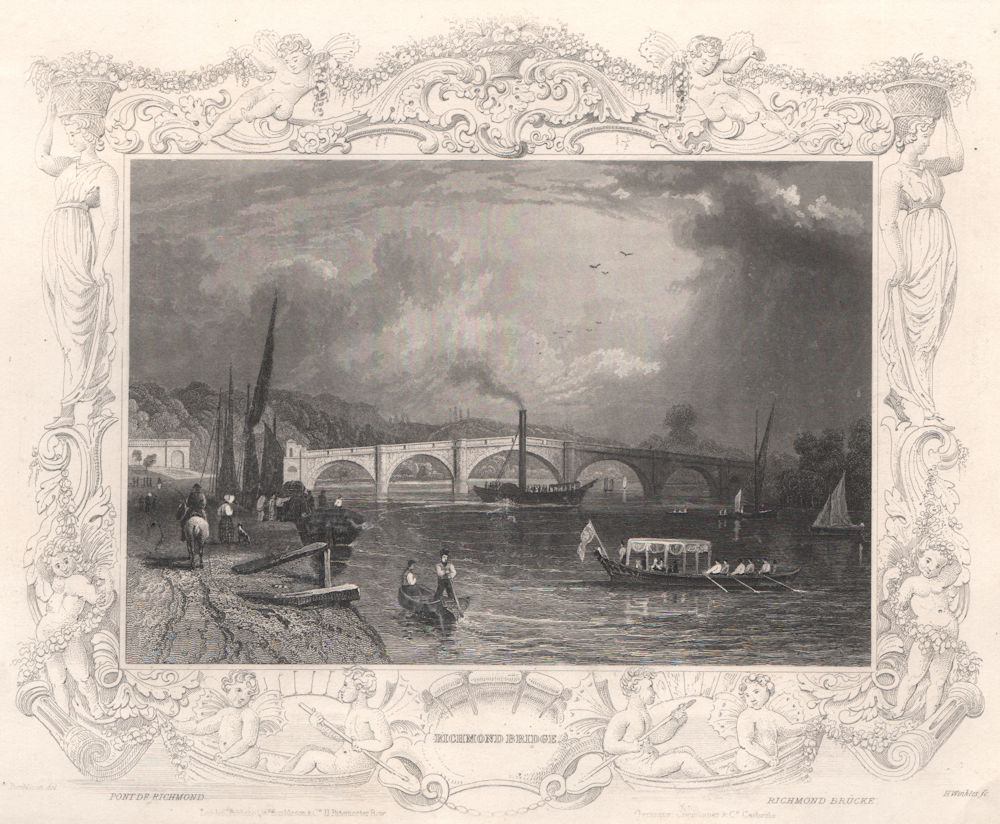 'Richmond Bridge'. London. Decorative view by William TOMBLESON 1835 old print