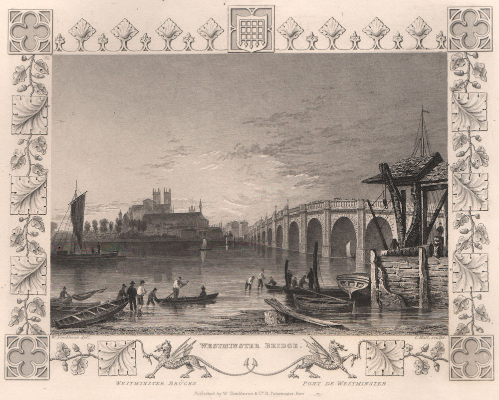 'Westminster Bridge'. London. Decorative view by William TOMBLESON 1835 print