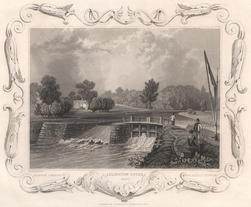 'Allington Locks, Kent'. Decorative view by William TOMBLESON 1835 old print