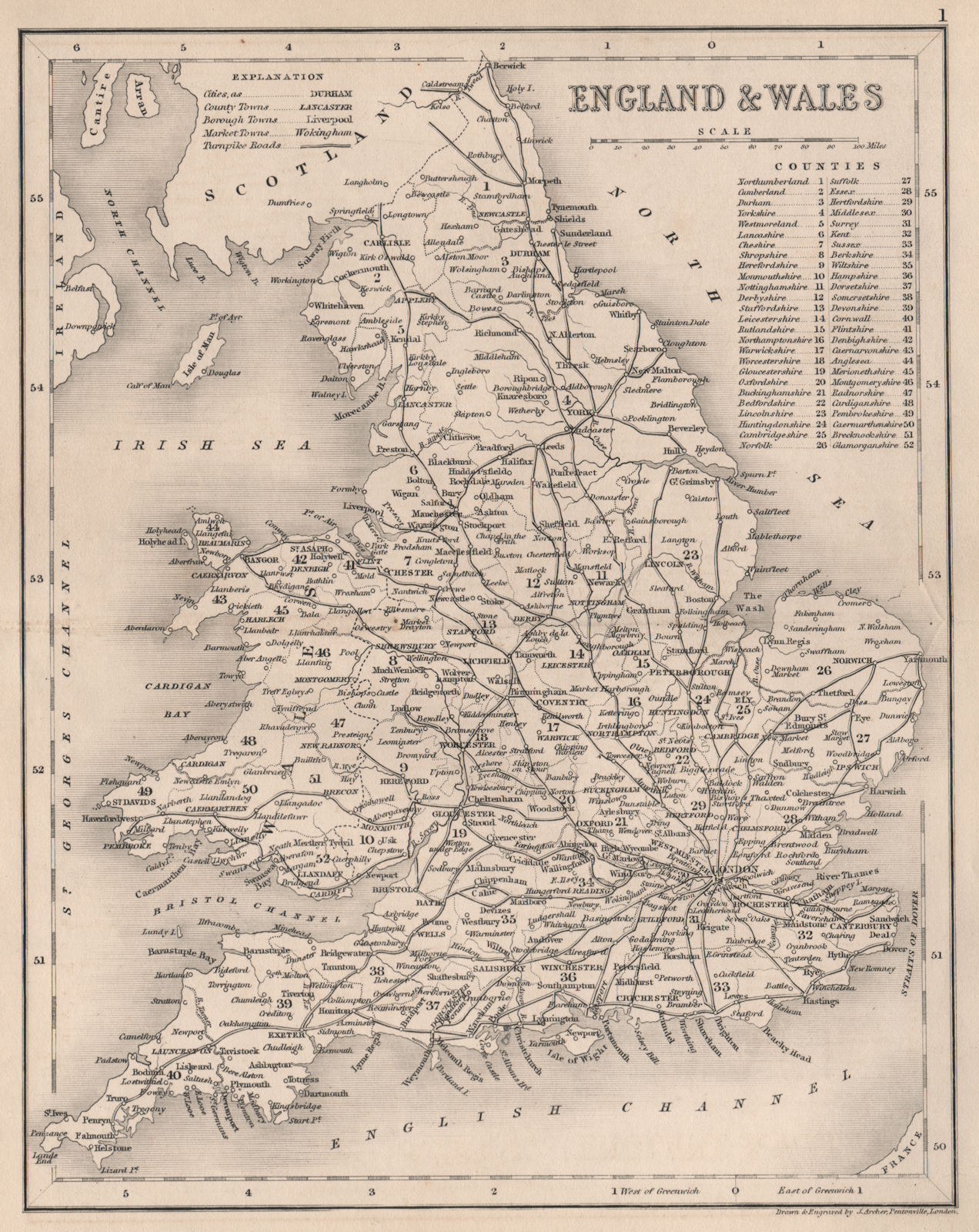 Associate Product ENGLAND & WALES Roads by ARCHER/DUGDALE 1845 old antique map plan chart