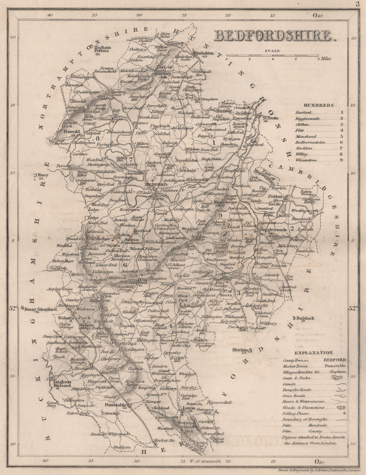 BEDFORDSHIRE county map by DUGDALE/ARCHER. Seats canals polling places 1845