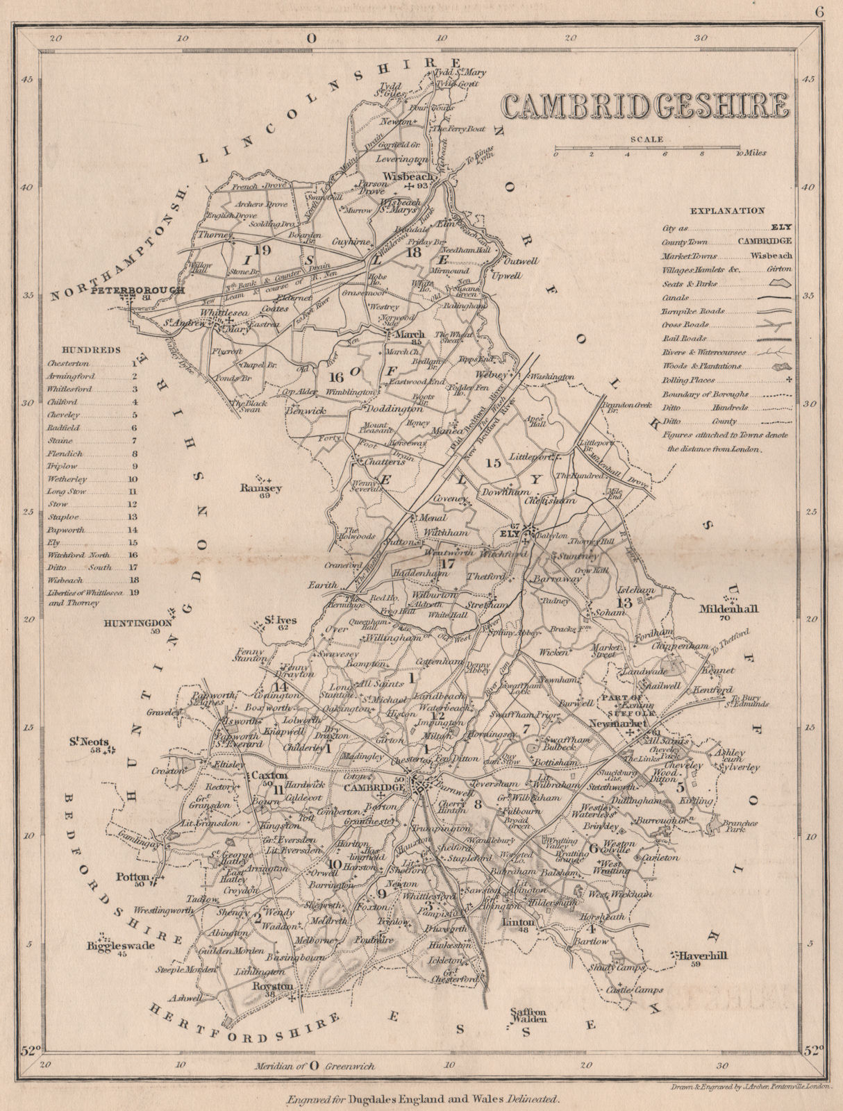 Associate Product CAMBRIDGESHIRE county map. DUGDALE/ARCHER. Seats canals polling places 1845