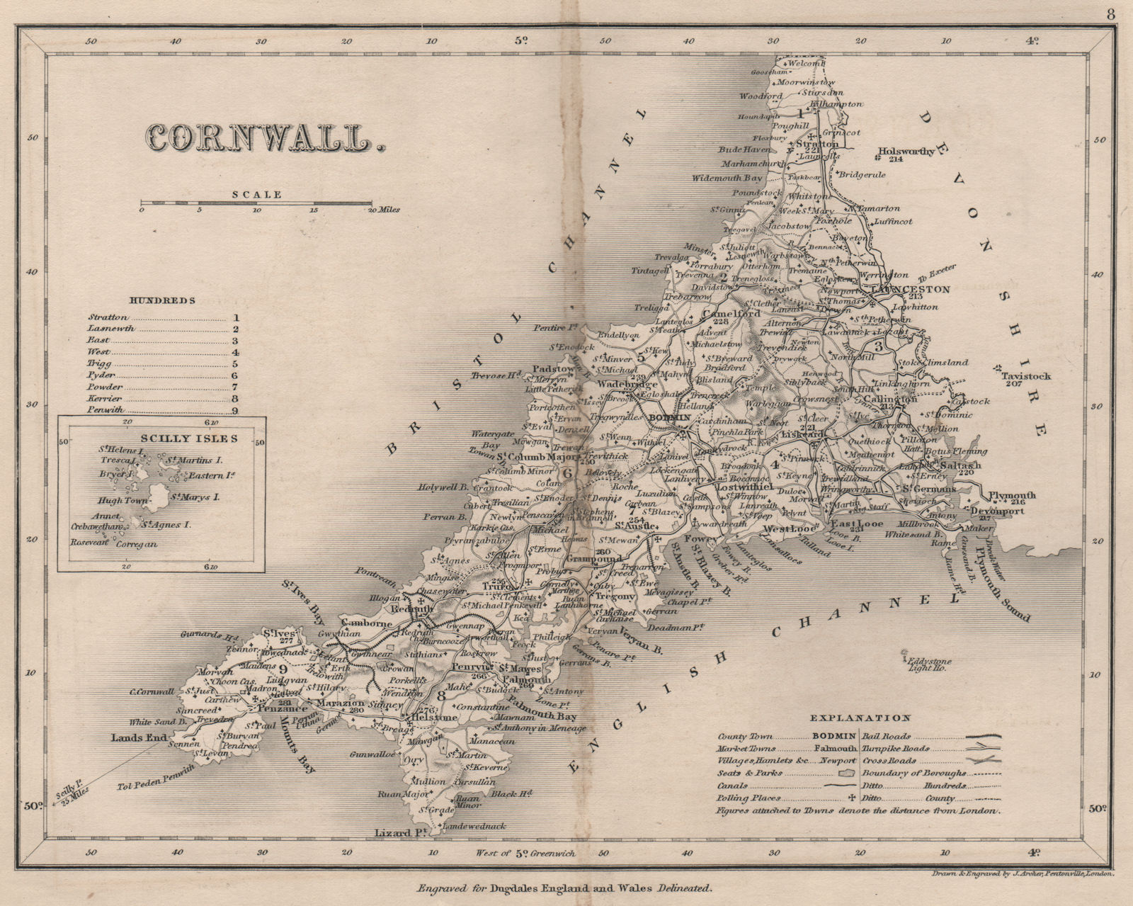 CORNWALL county map by DUGDALE/ARCHER. Seats canals polling places 1845