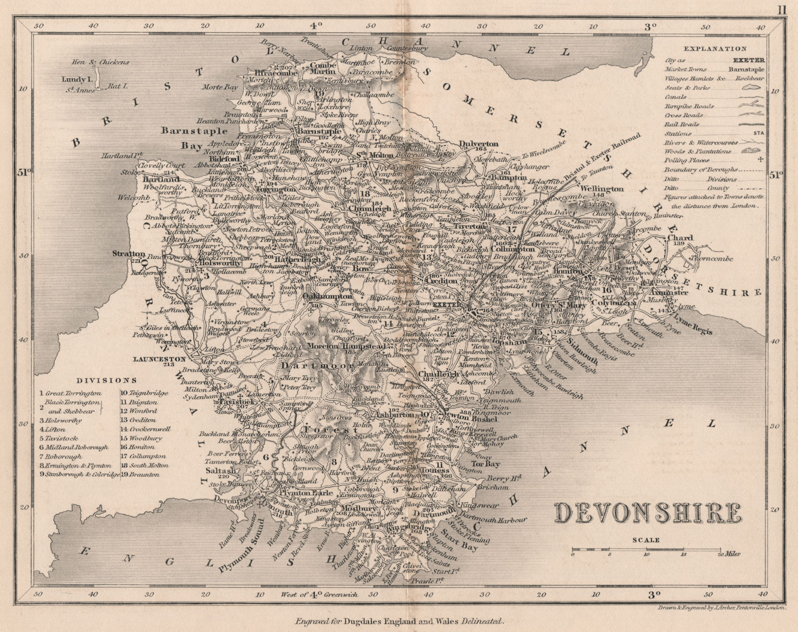 DEVONSHIRE county map by DUGDALE/ARCHER. Dartmoor. Seats polling places 1845
