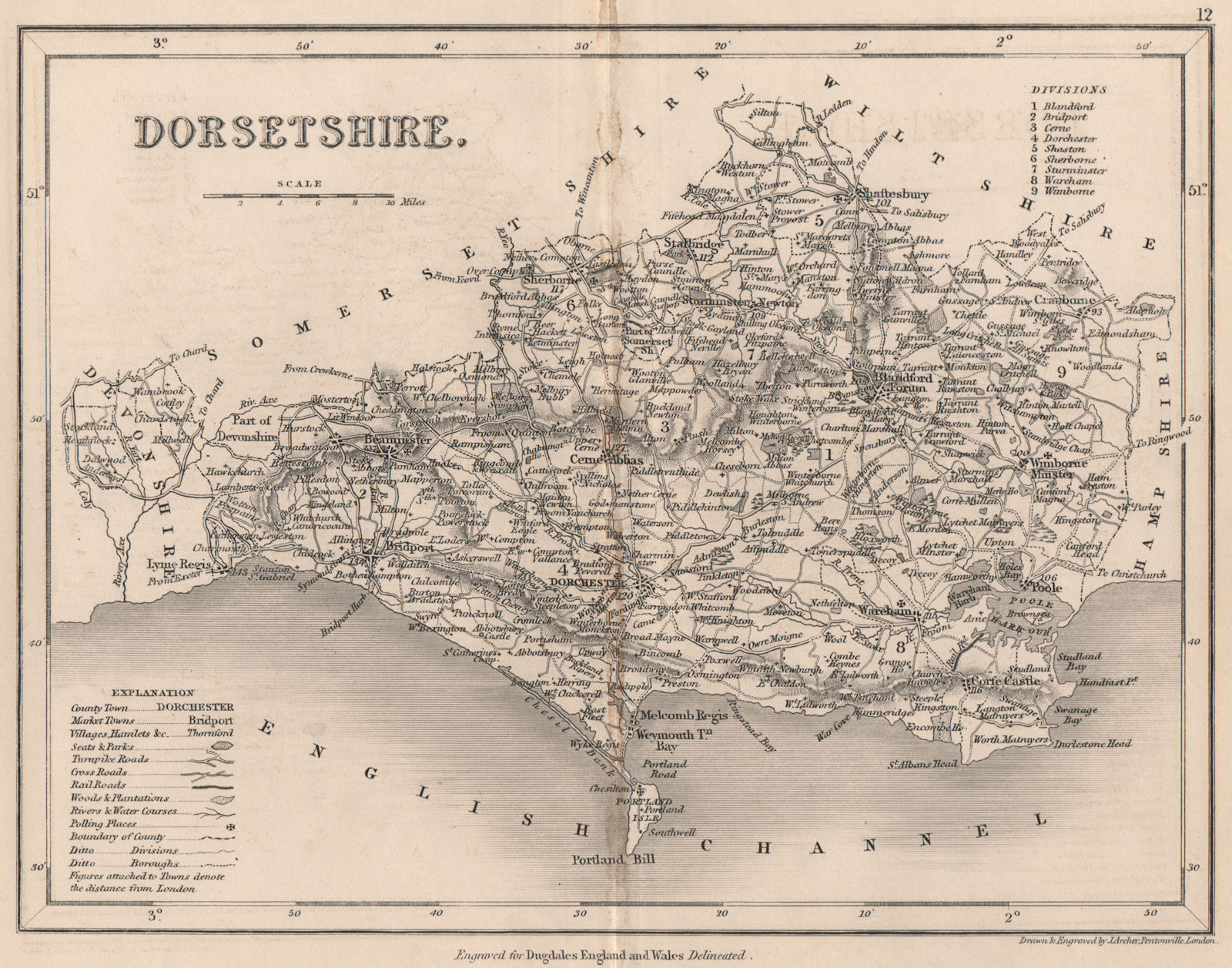 DORSETSHIRE county map by DUGDALE/ARCHER. Seats polling places 1845 old