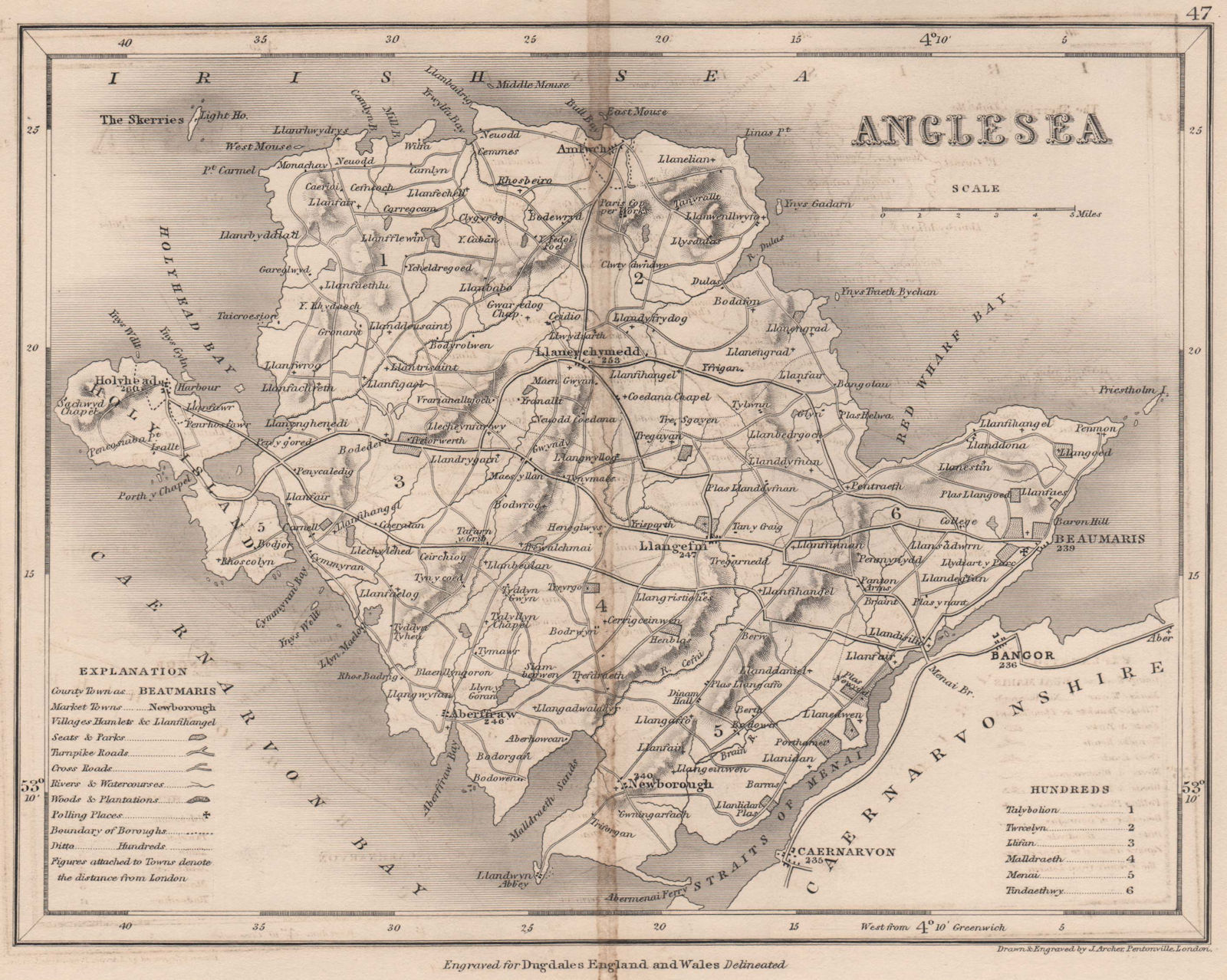 Associate Product ANGLESEA county map by DUGDALE/ARCHER. Seats polling places 1845 old